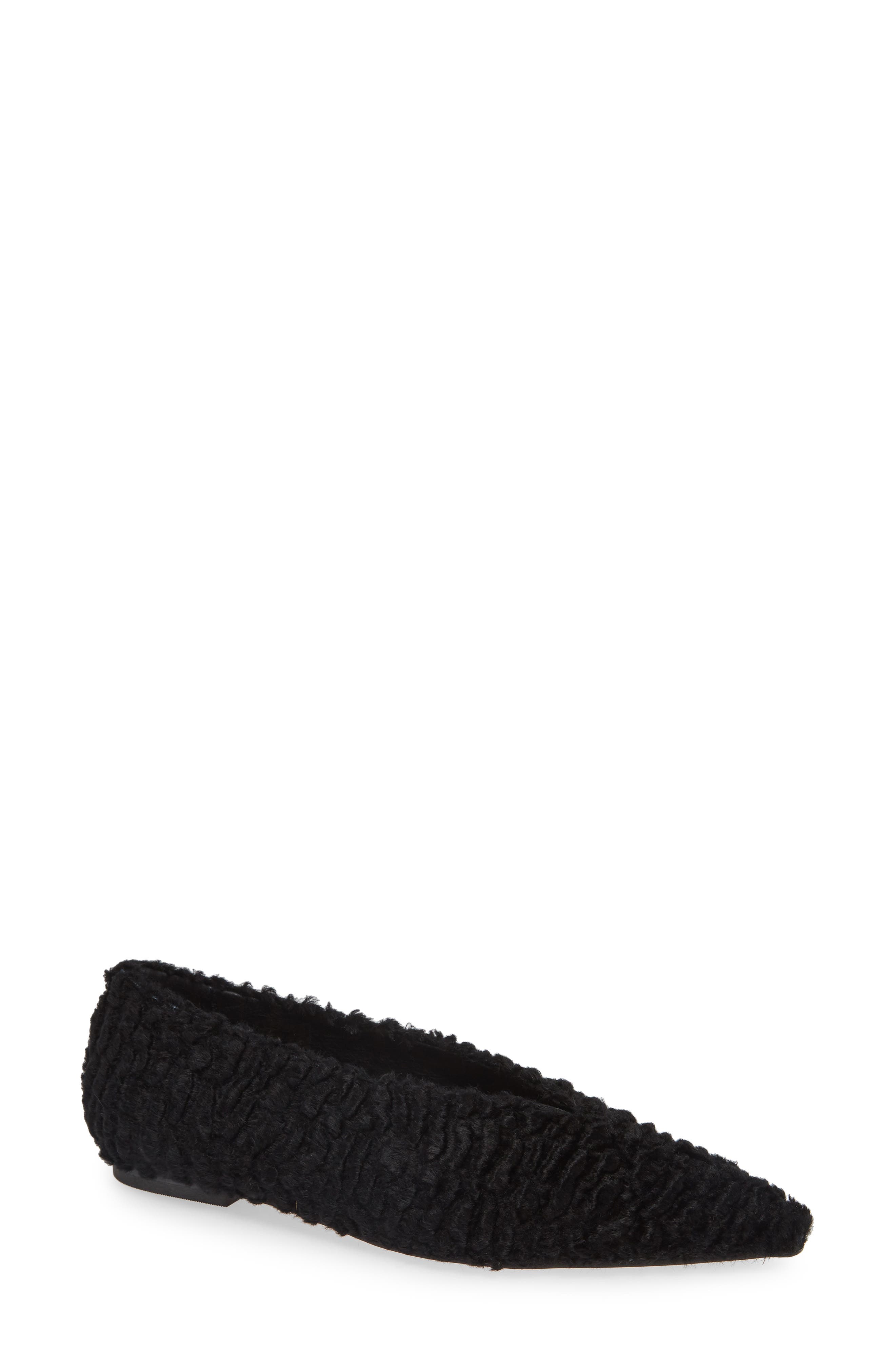 Black Suede Studio Tasia Faux Fur Flat- Black