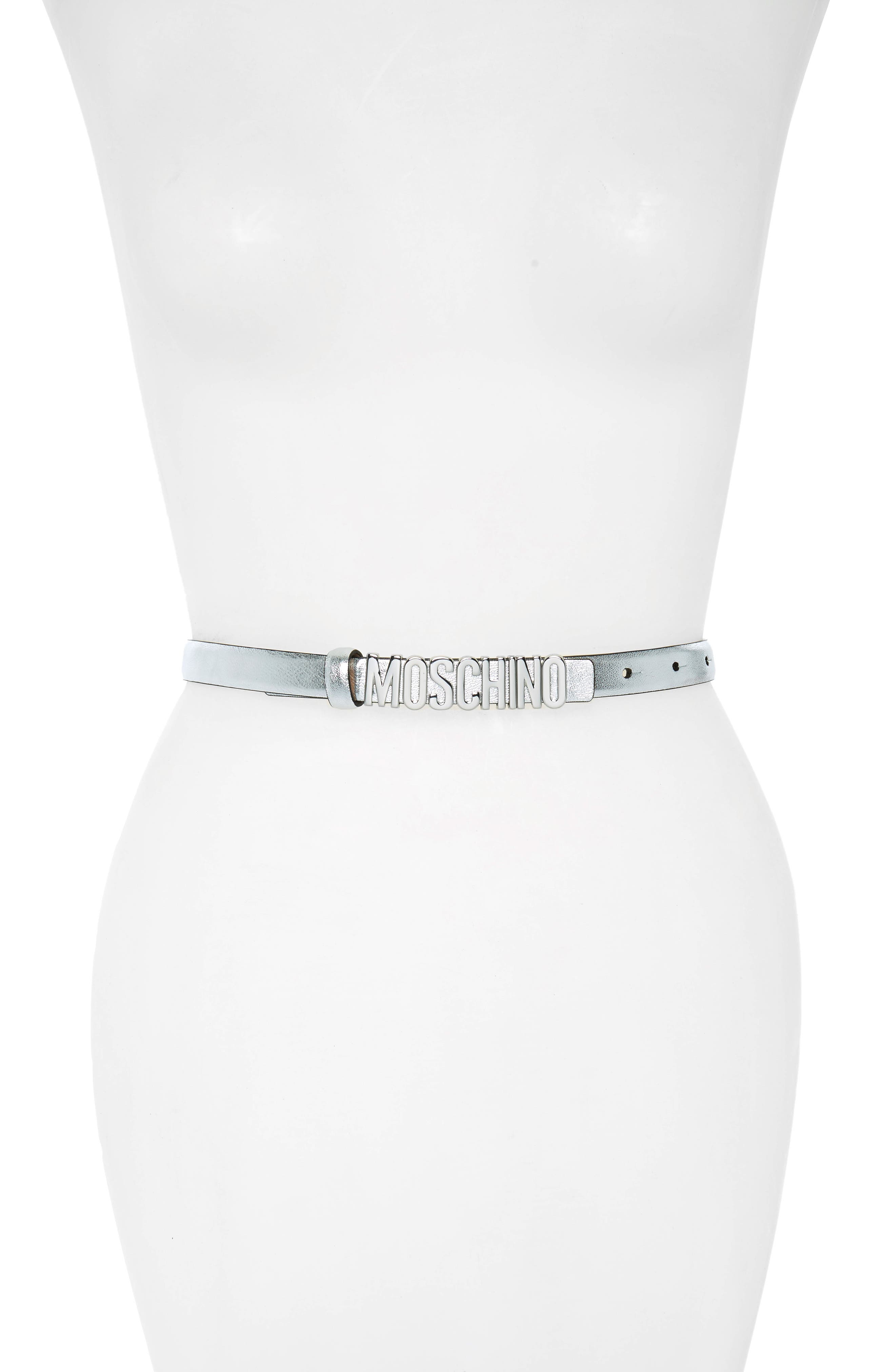Moschino Logo Skinny Leather Belt, Silver W/ Silver