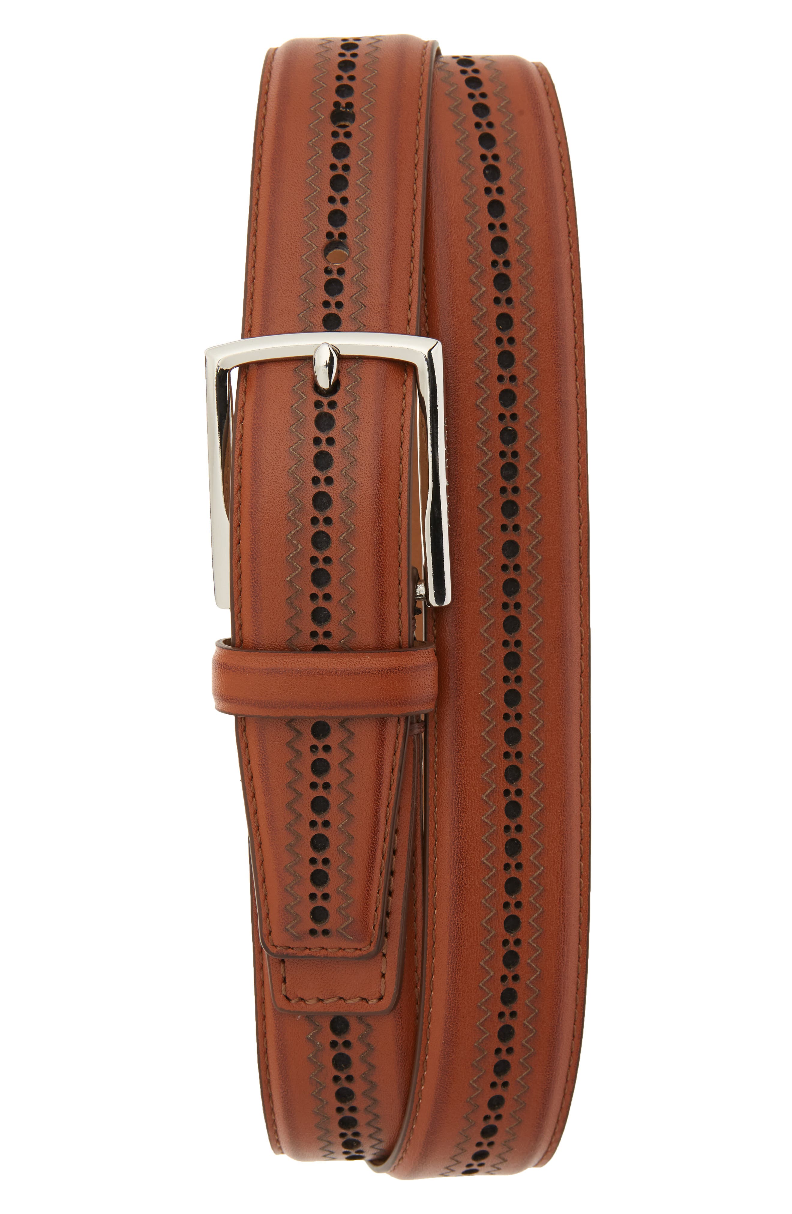 Cole Haan Feather Edge Stitched Belt, British Tan/ Polished Nickel