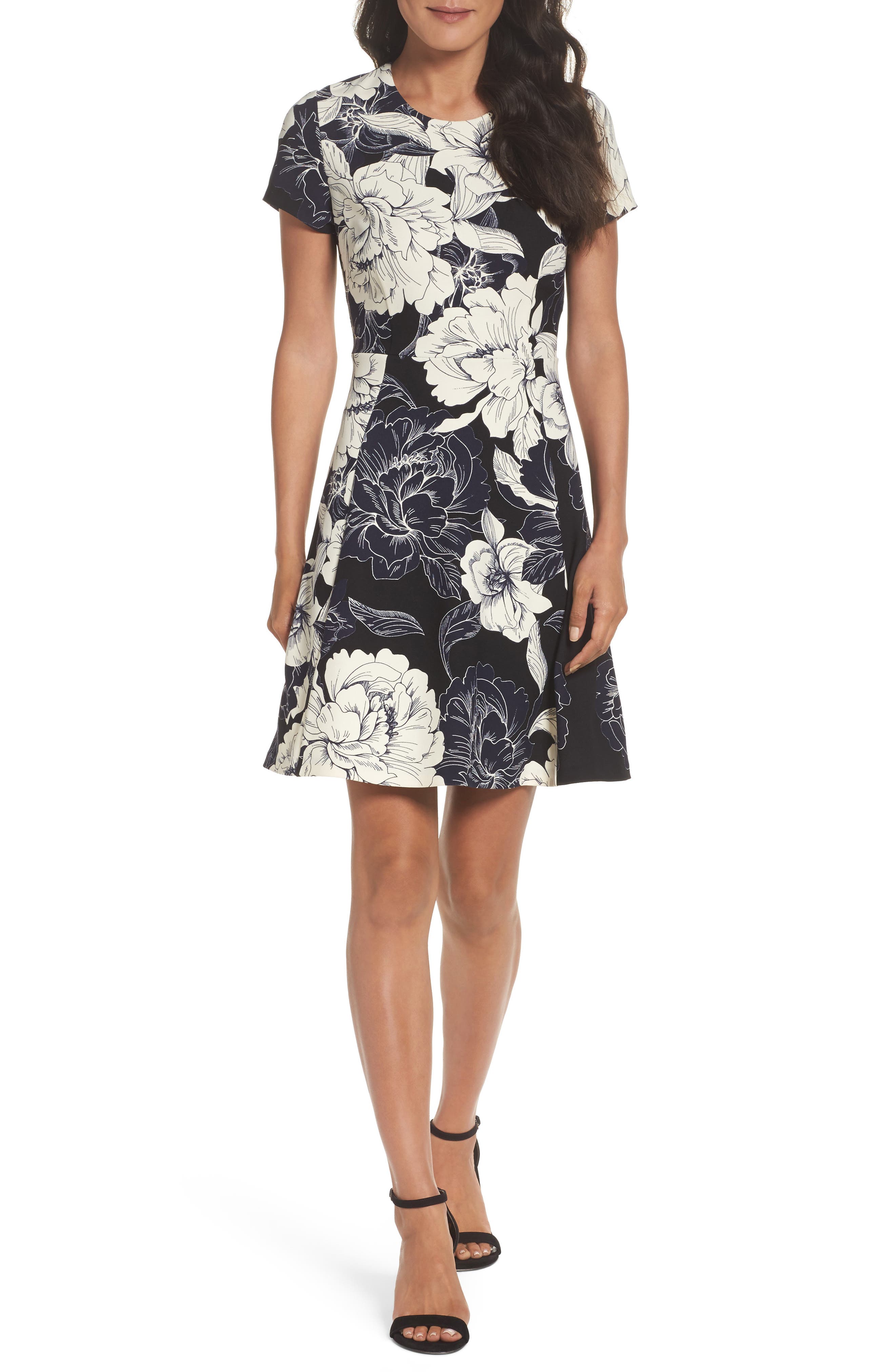 Eliza J Floral Print Fit & Flare Dress, Black