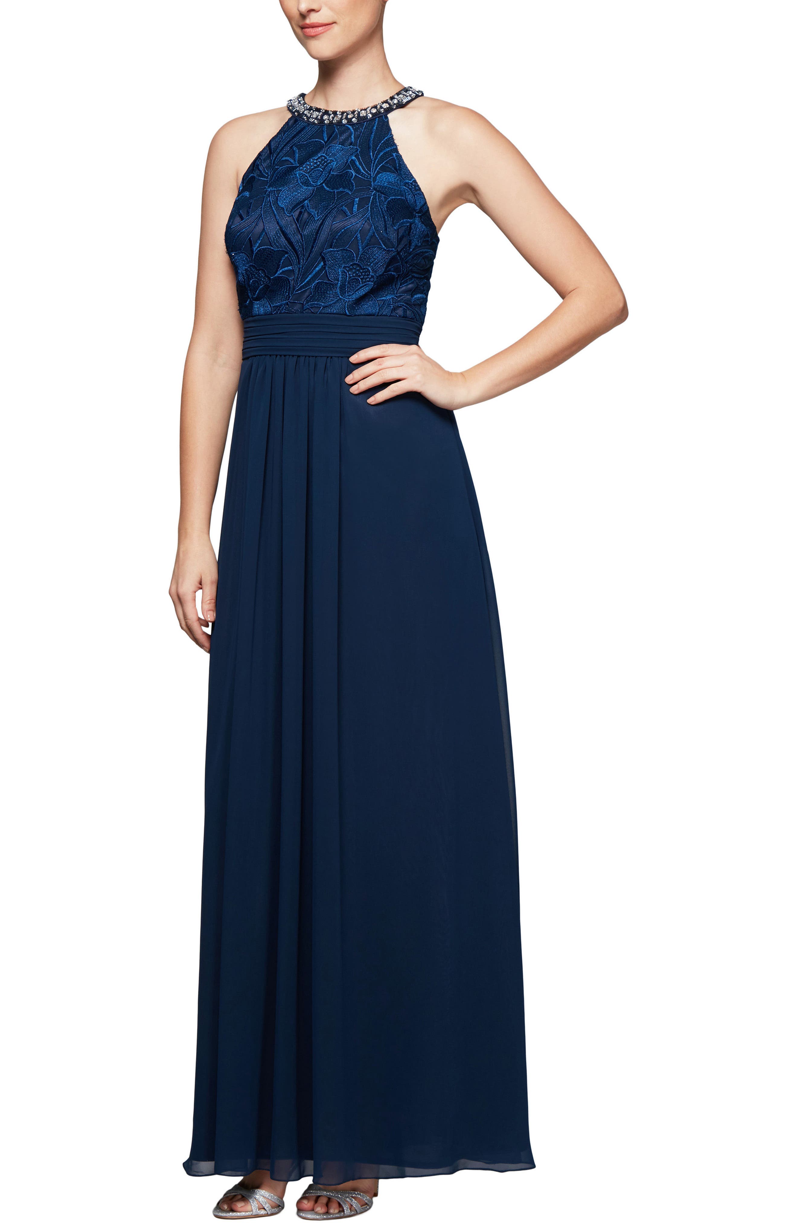 Alex Evenings Crystal Embellished Halter Gown, Blue