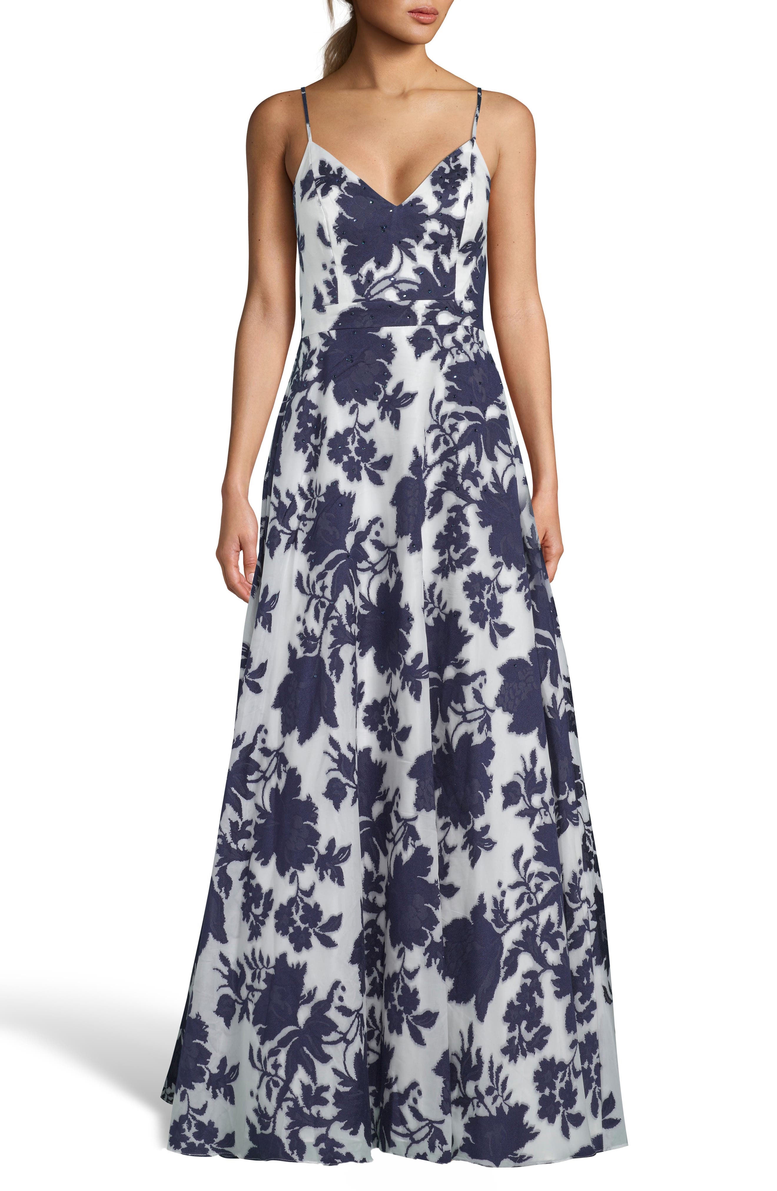 Xscape Beaded Floral Burnout Organza Evening Dress, Ivory