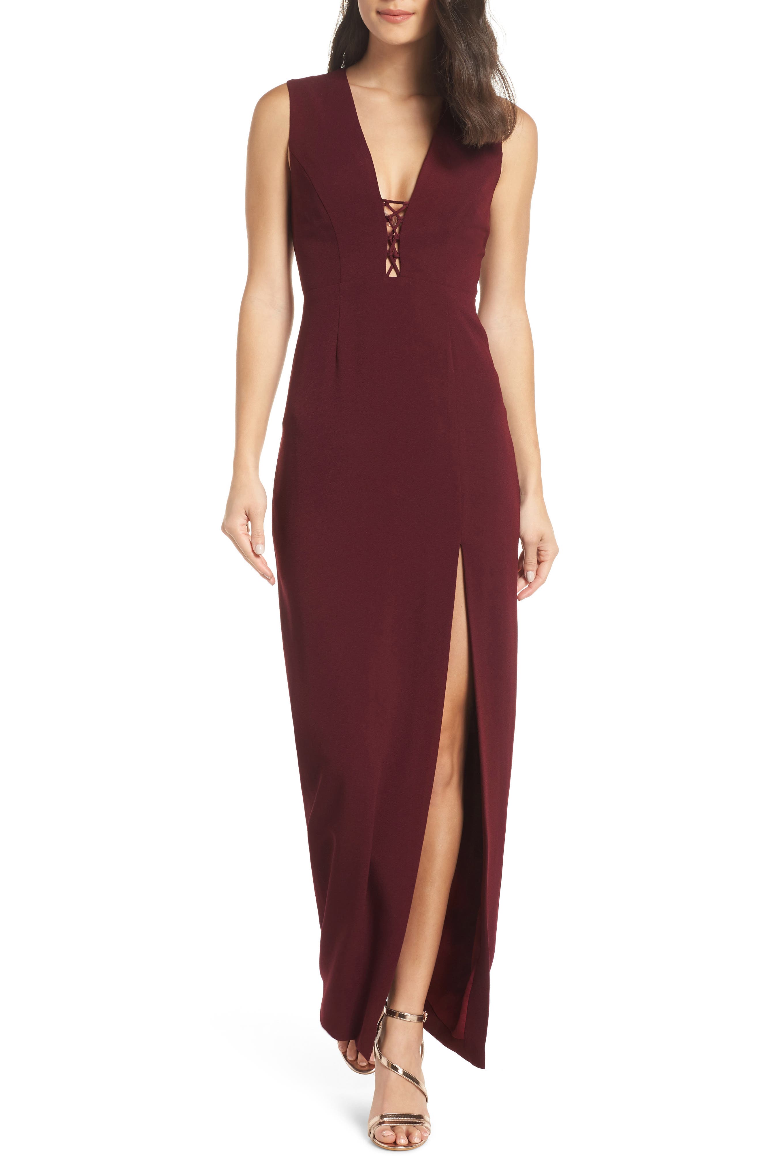 Wayf The Casey Plunge Neck Gown, Burgundy