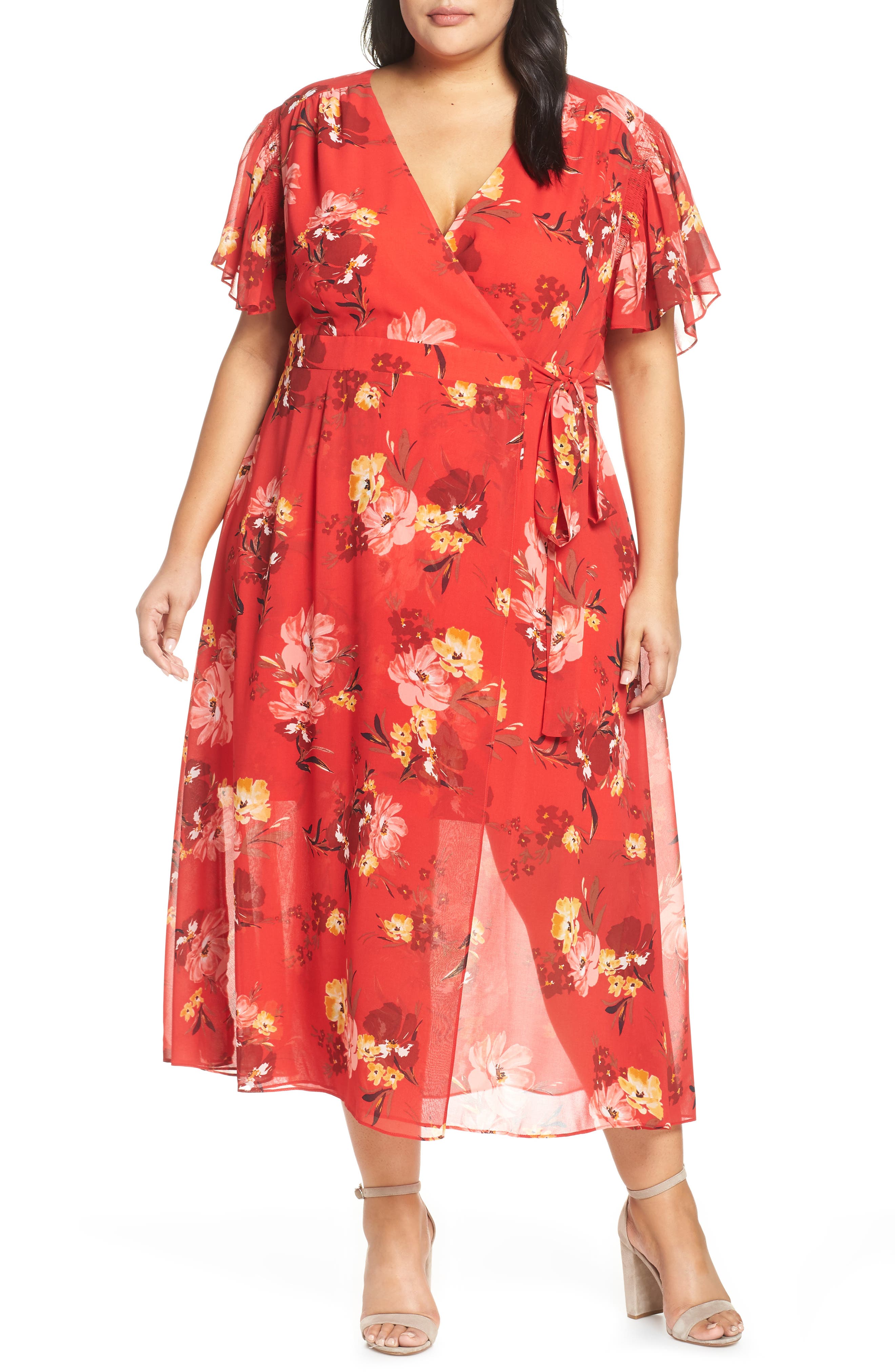 Plus Size Vince Camuto Smocking & Ruffles Chiffon Maxi Dress, Red
