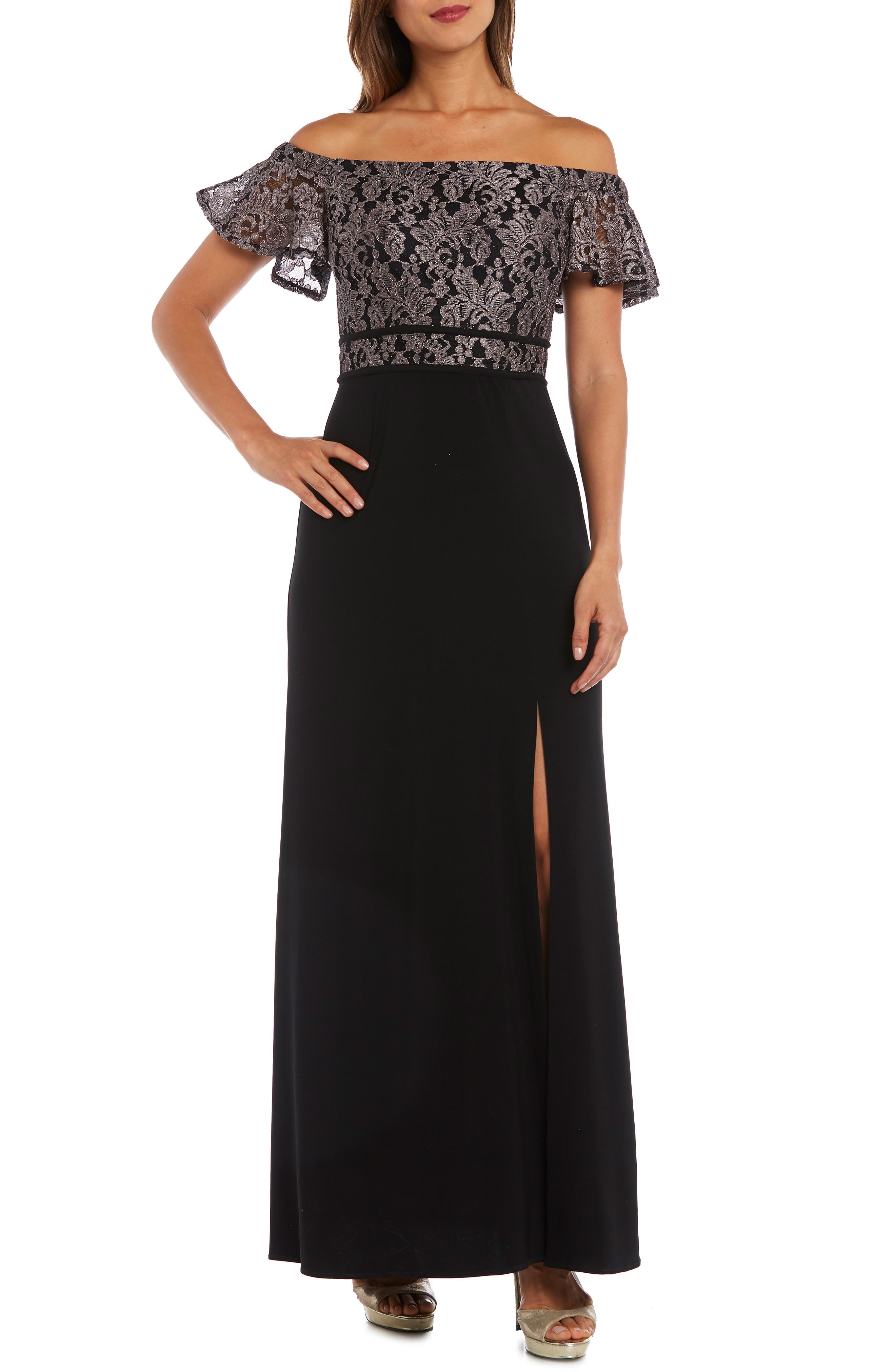 Morgan & Co. Off The Shoulder Lace Bodice Gown