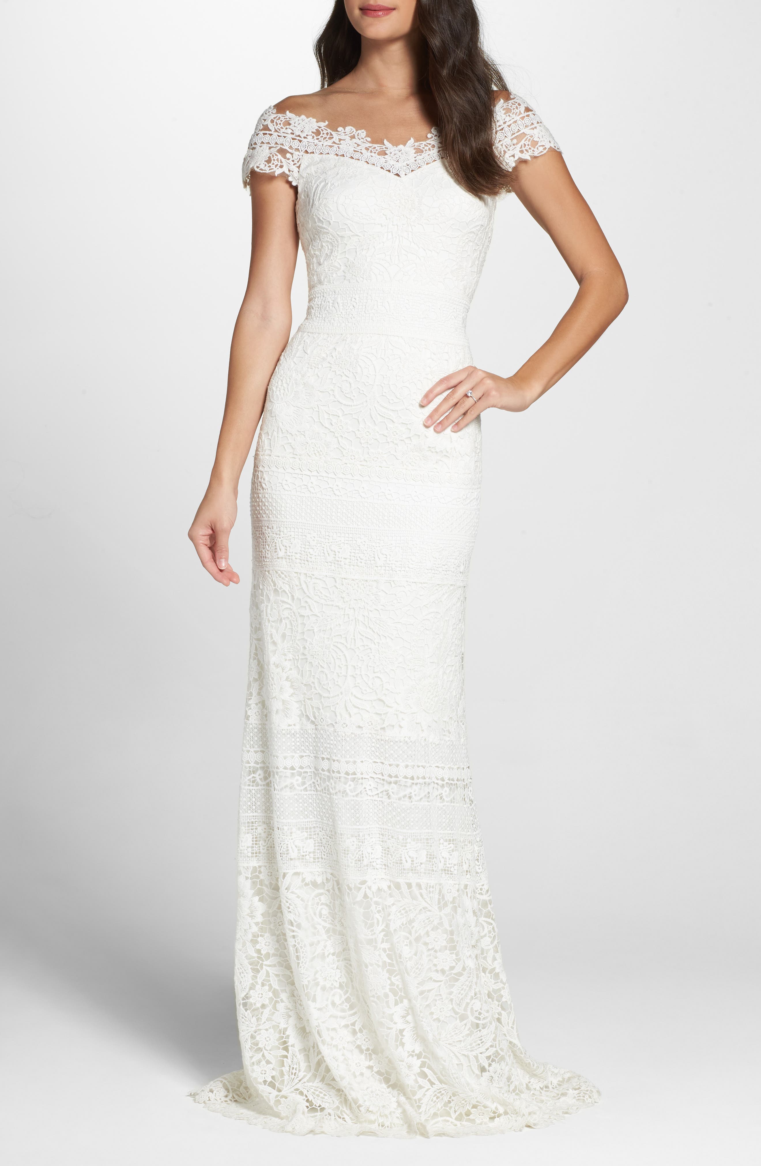 Tadashi Shoji Off The Shoulder Illusion Lace Gown, Ivory