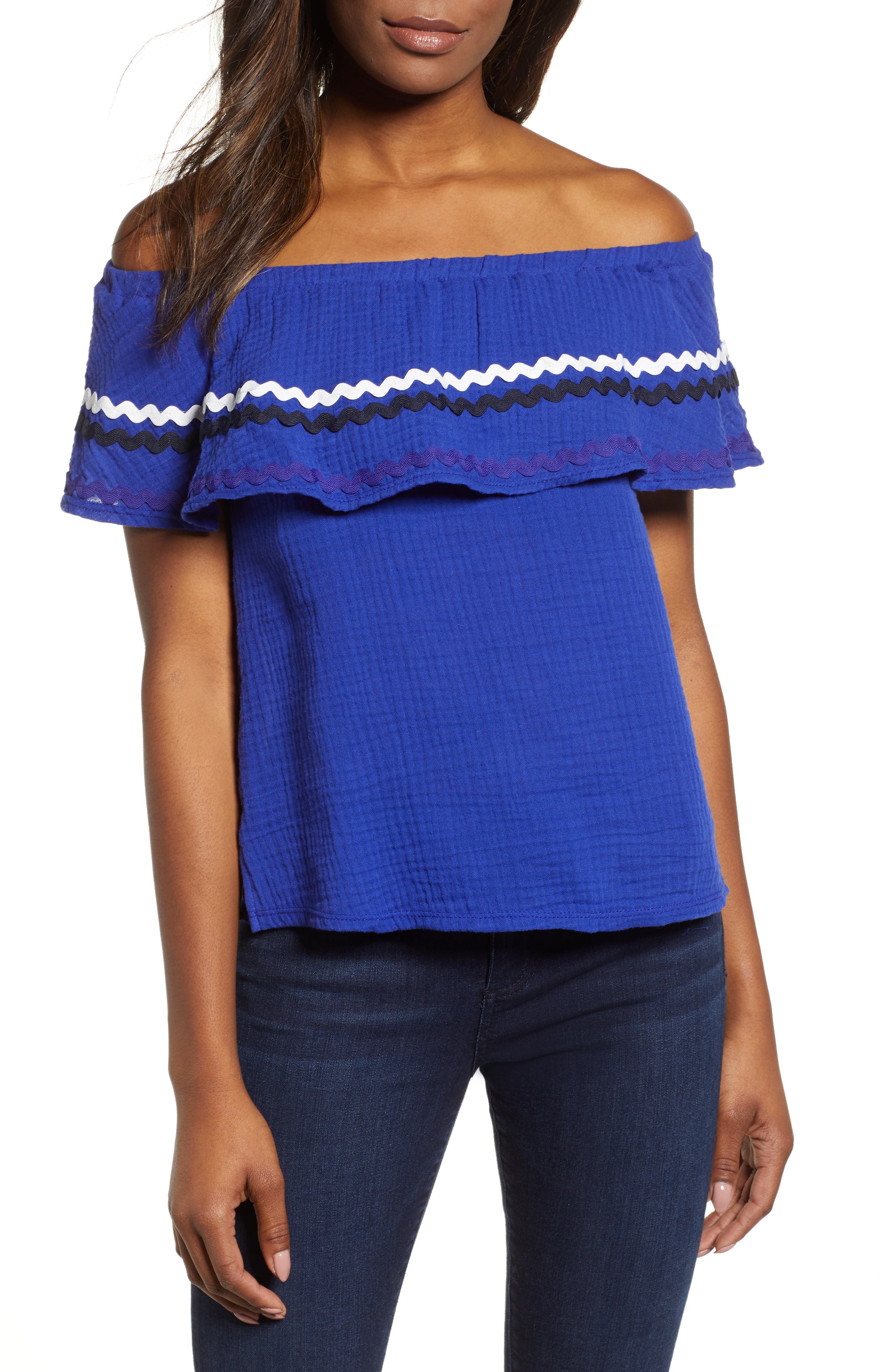 Petite Gibson X Hi Sugarplum! Santa Fe Rickrack Off The Shoulder Top, Blue