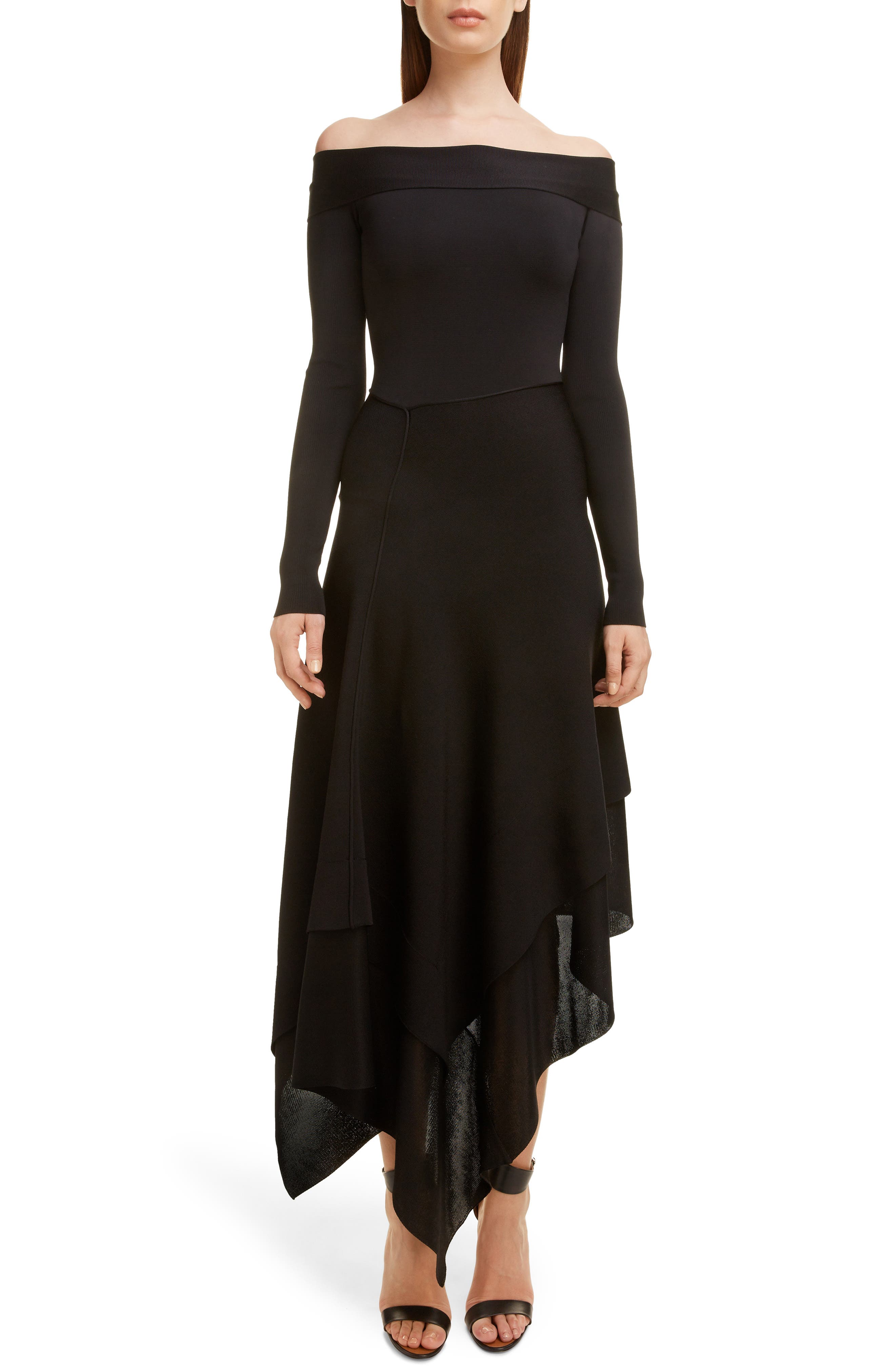 Victoria Beckham Long Sleeve Off The Shoulder Asymmetrical Dress, Black