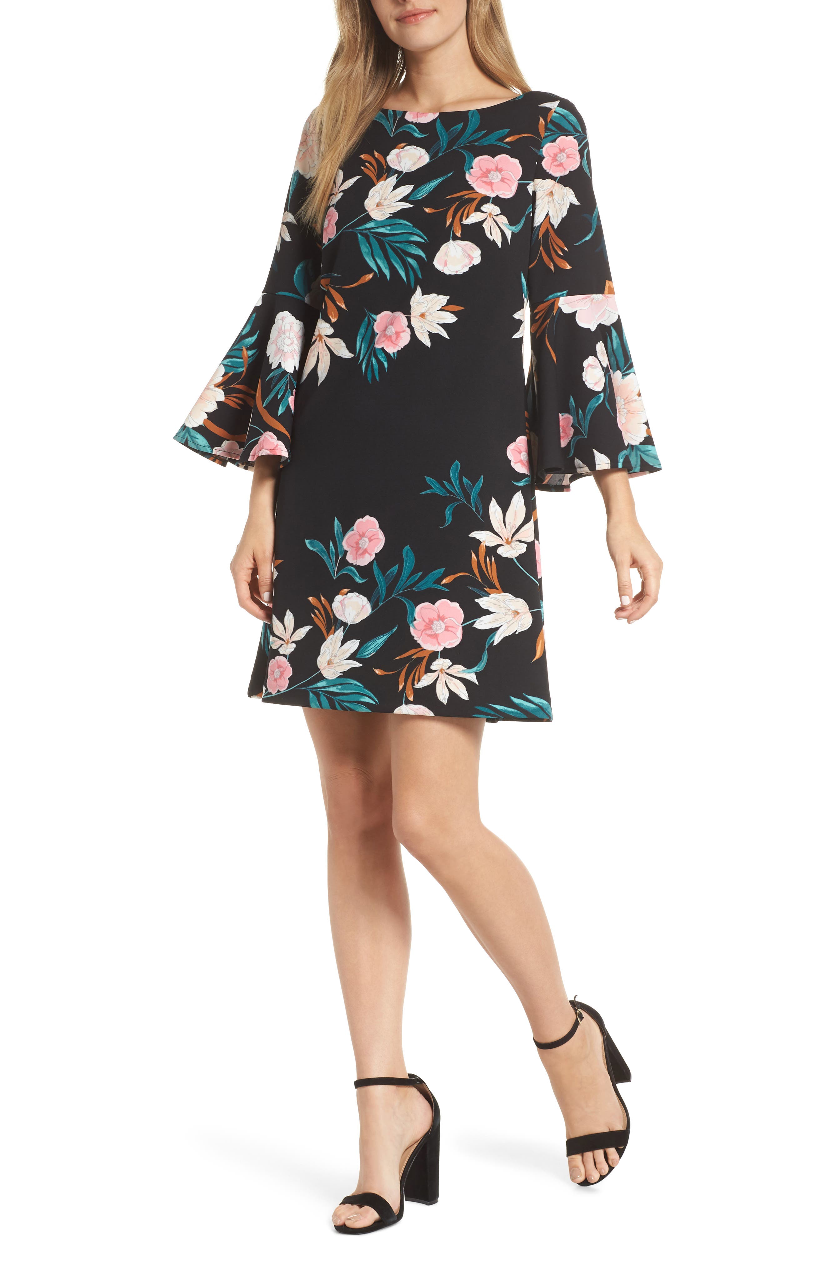 Eliza J Bell Sleeve Floral Print Shift Dress