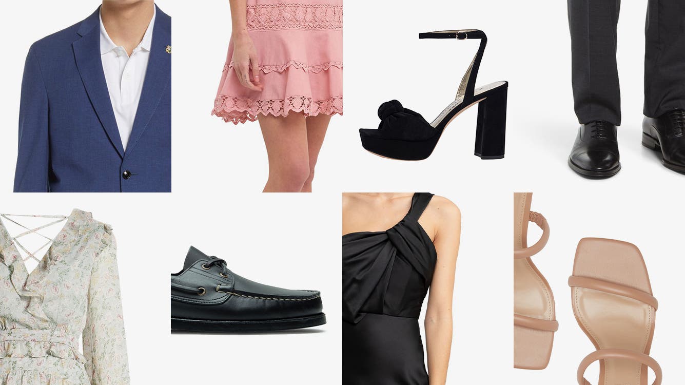 A collage of wedding-guest dresses, shirt and sport coat, men's loafers and women's heels.
