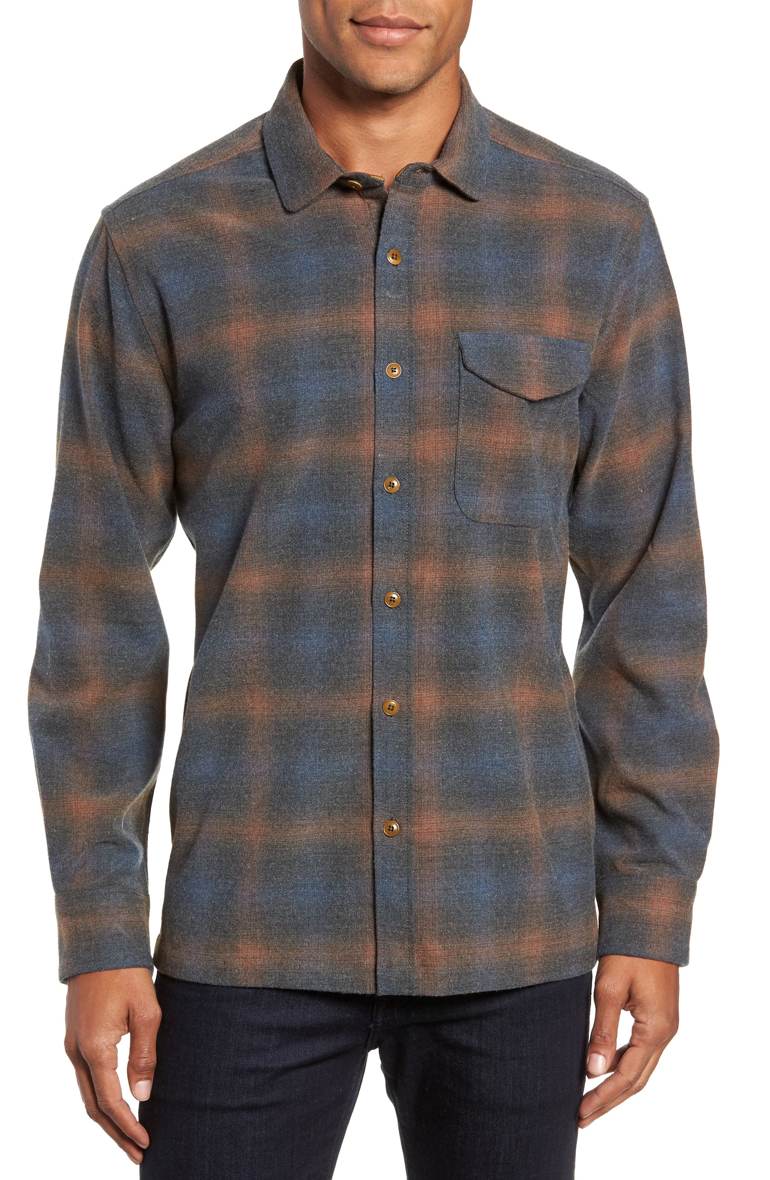 Jeremiah Washburn Regular Fit Plaid Stretch Brushed Flannel Shirt, Blue