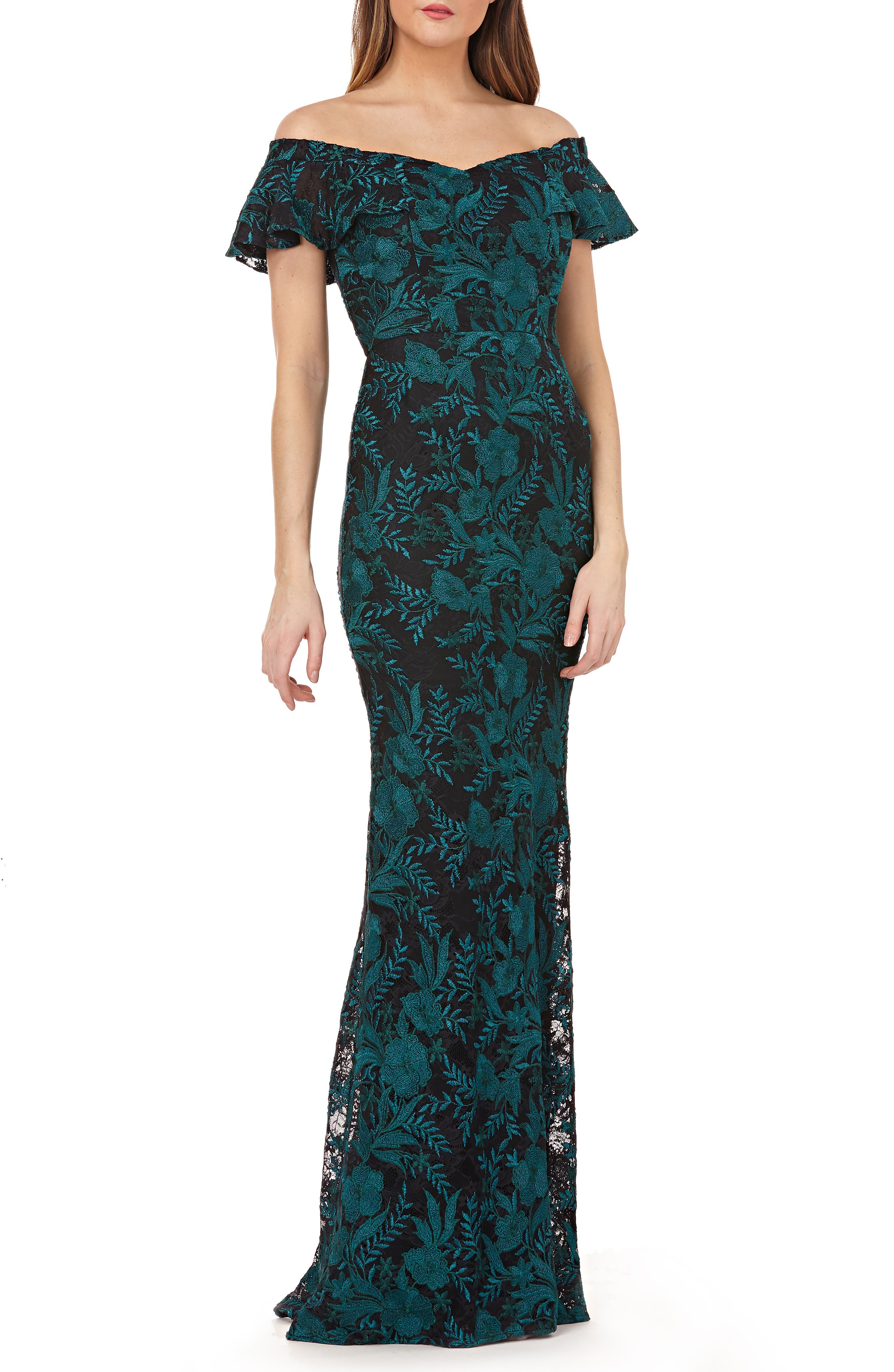 Carmen Marc Valvo Infusion Sweetheart Embroidered Off The Shoulder Gown