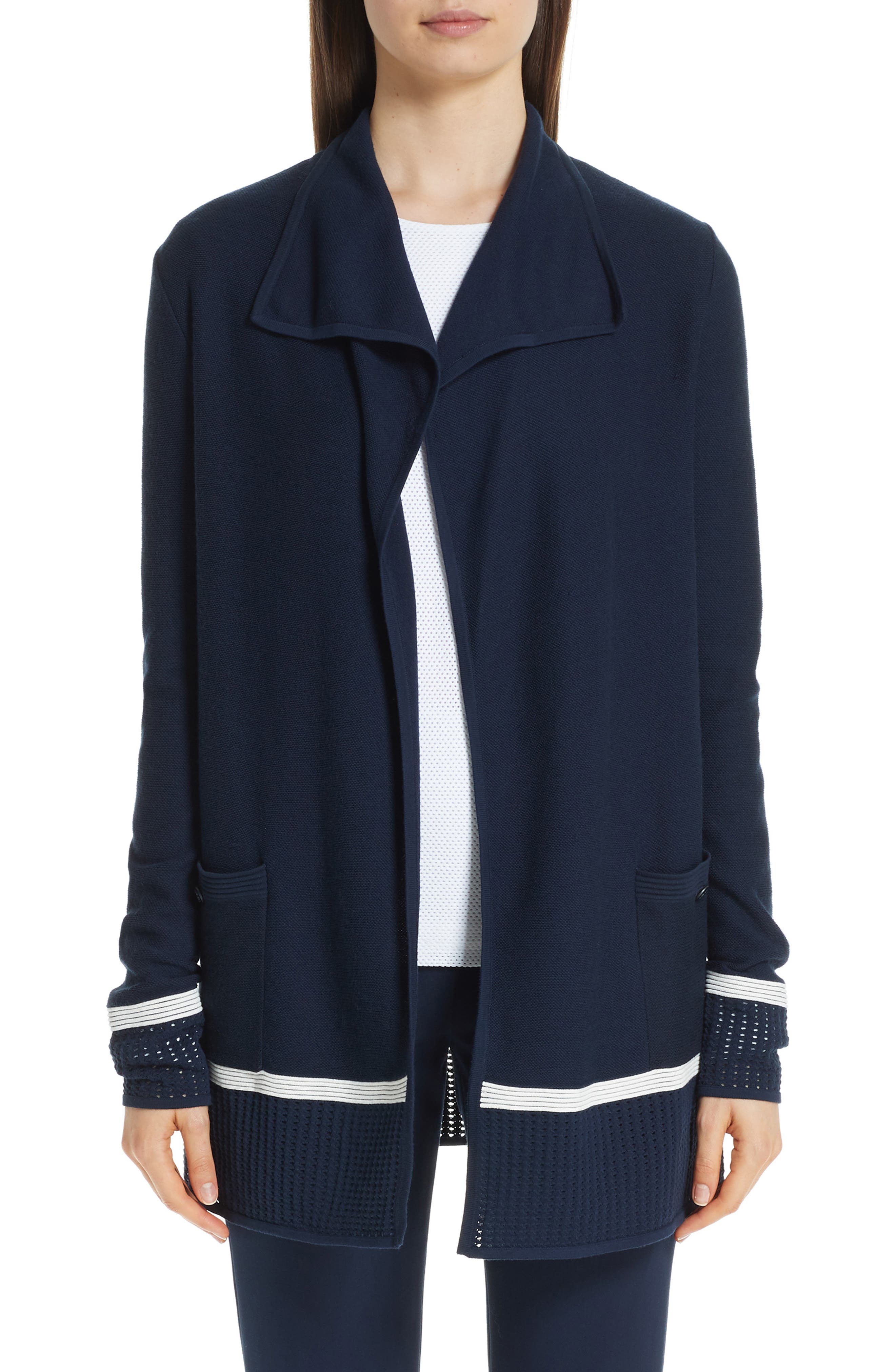 St. John Collection Mesh Trim Cardigan, Size Petite - Blue