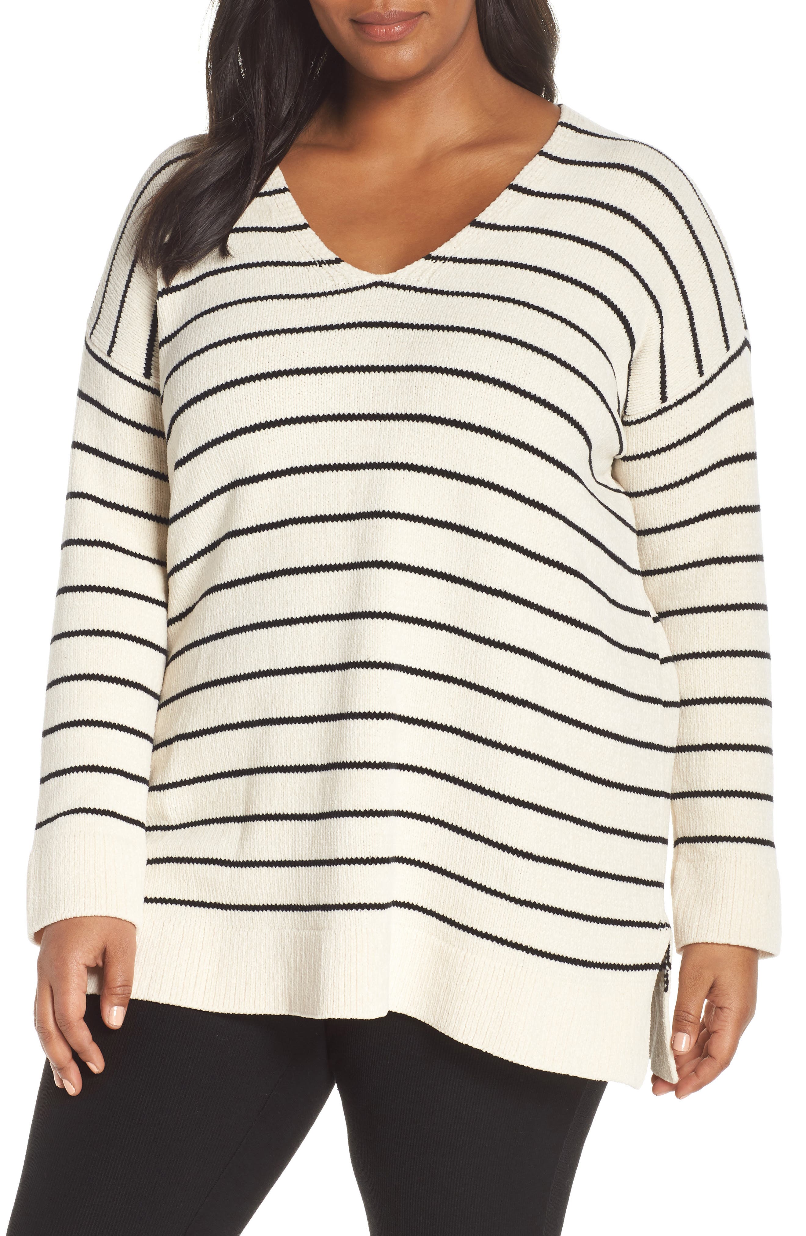 Plus Size Eileen Fisher Stripe Organic Cotton Sweater, White