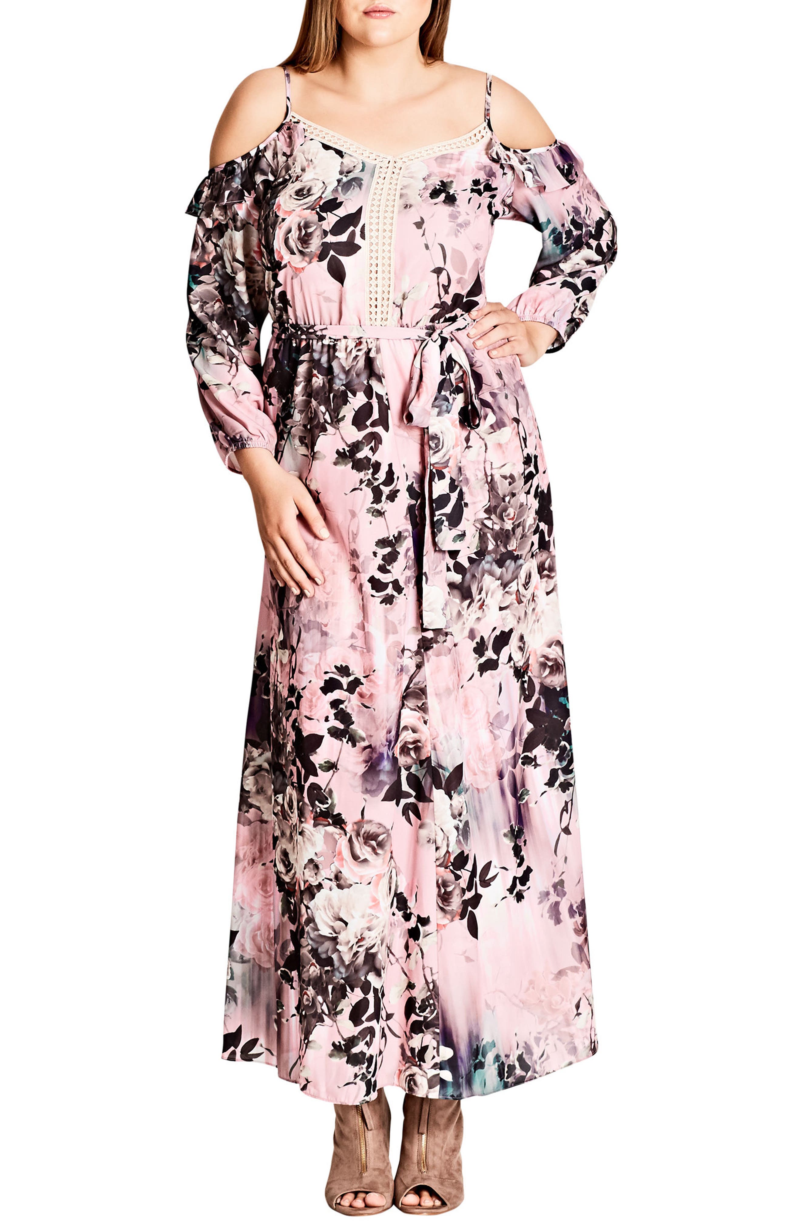 Plus Size City Chic Divine Rose Cold Shoulder Maxi Dress, Red