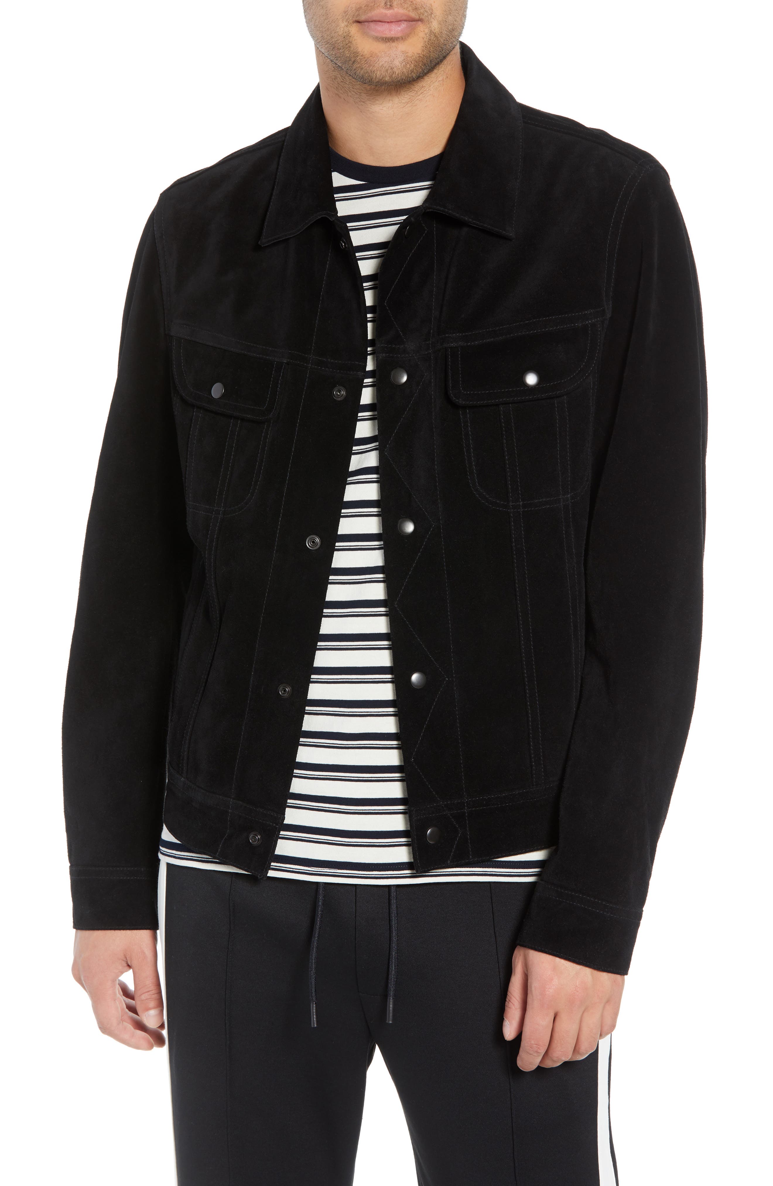Vince Regular Fit Suede Trucker Jacket, Black