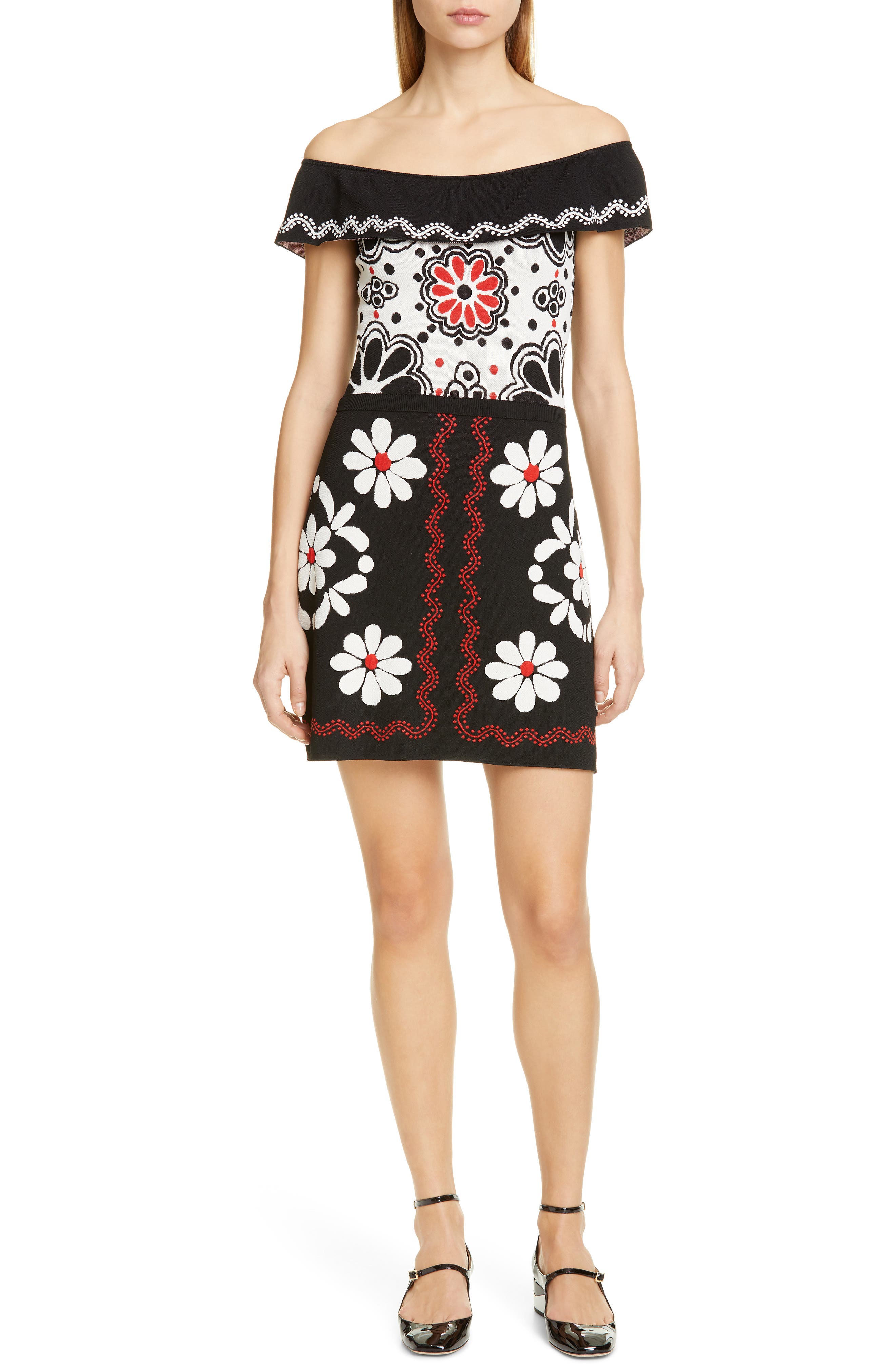 Red Valentino Off The Shoulder Jacquard Knit Dress, Black