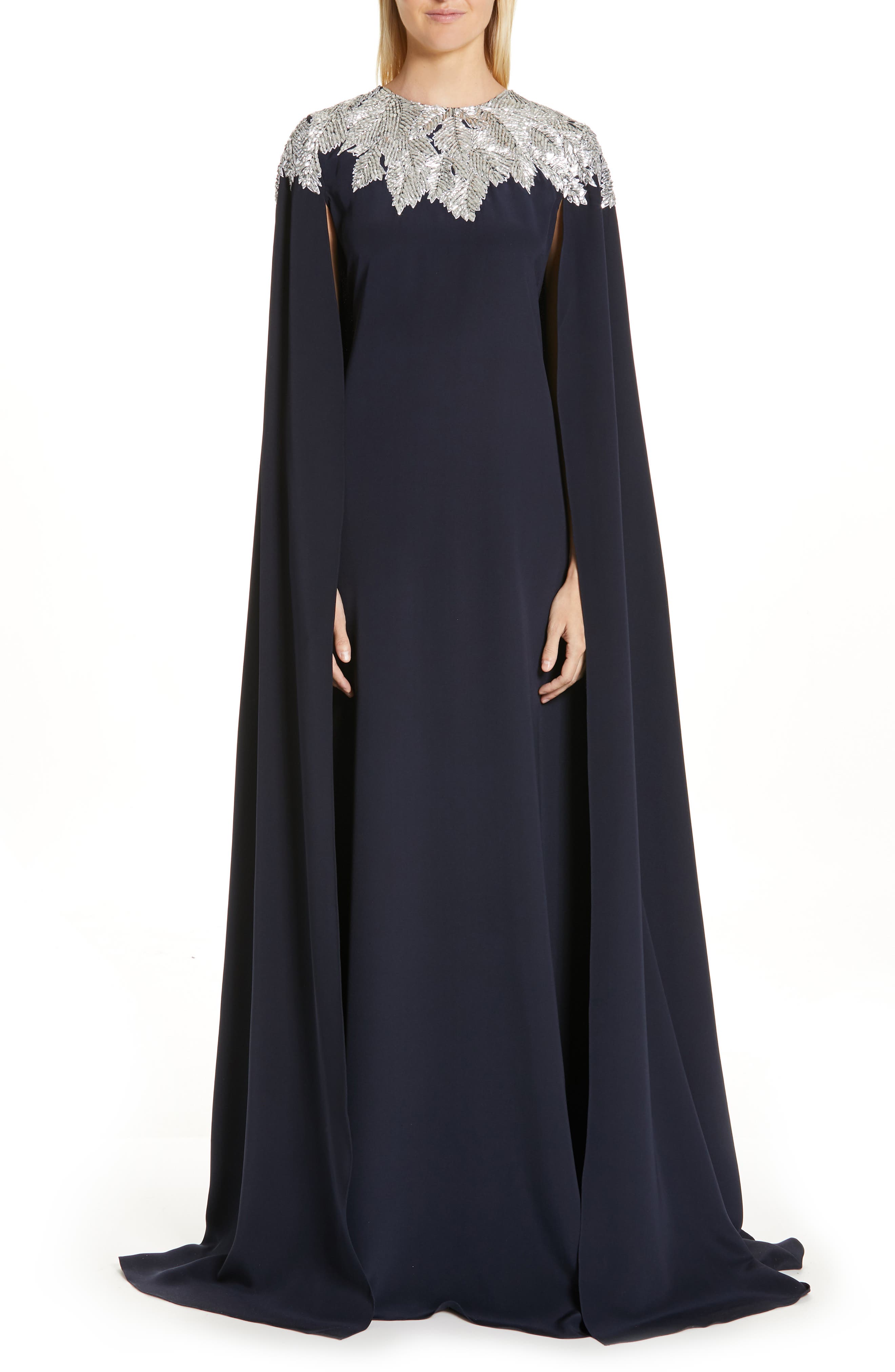 Oscar De La Renta Embellished Cape Silk Gown, Blue
