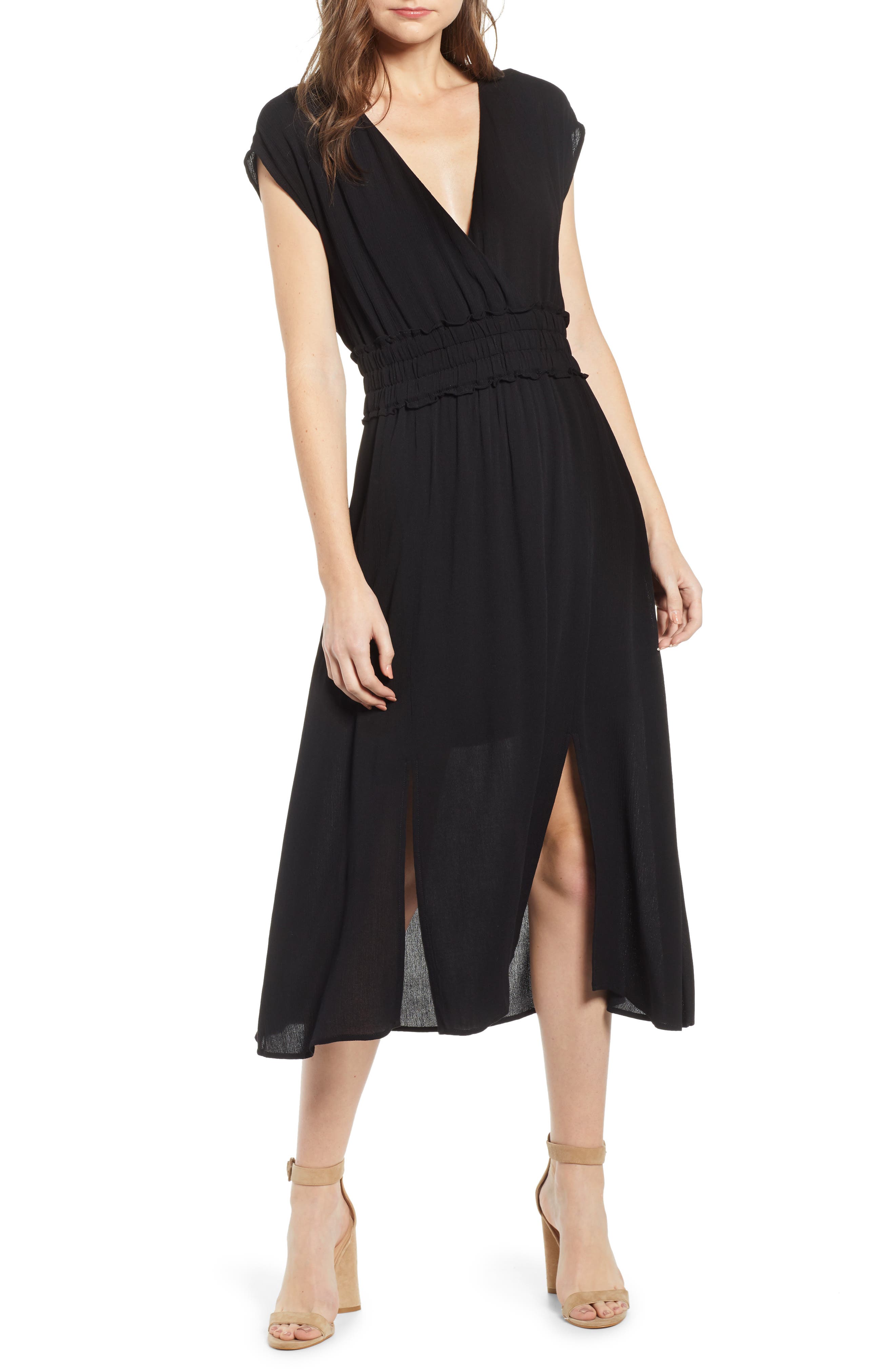 Wayf Leanne Double Slit Smocked Midi Dress, Black