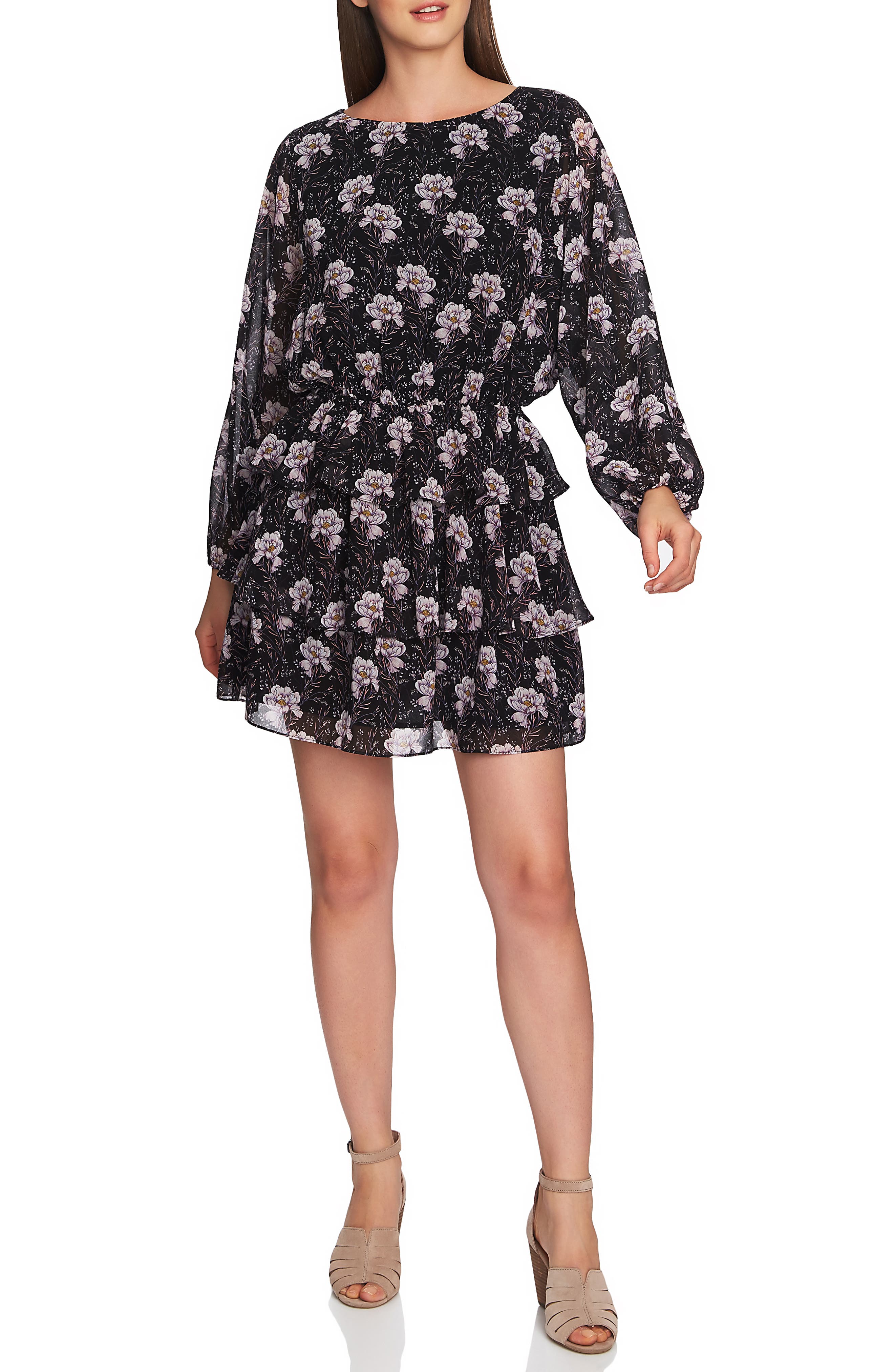 1.state Bloomsbury Floral Tiered Ruffle Dress, Black
