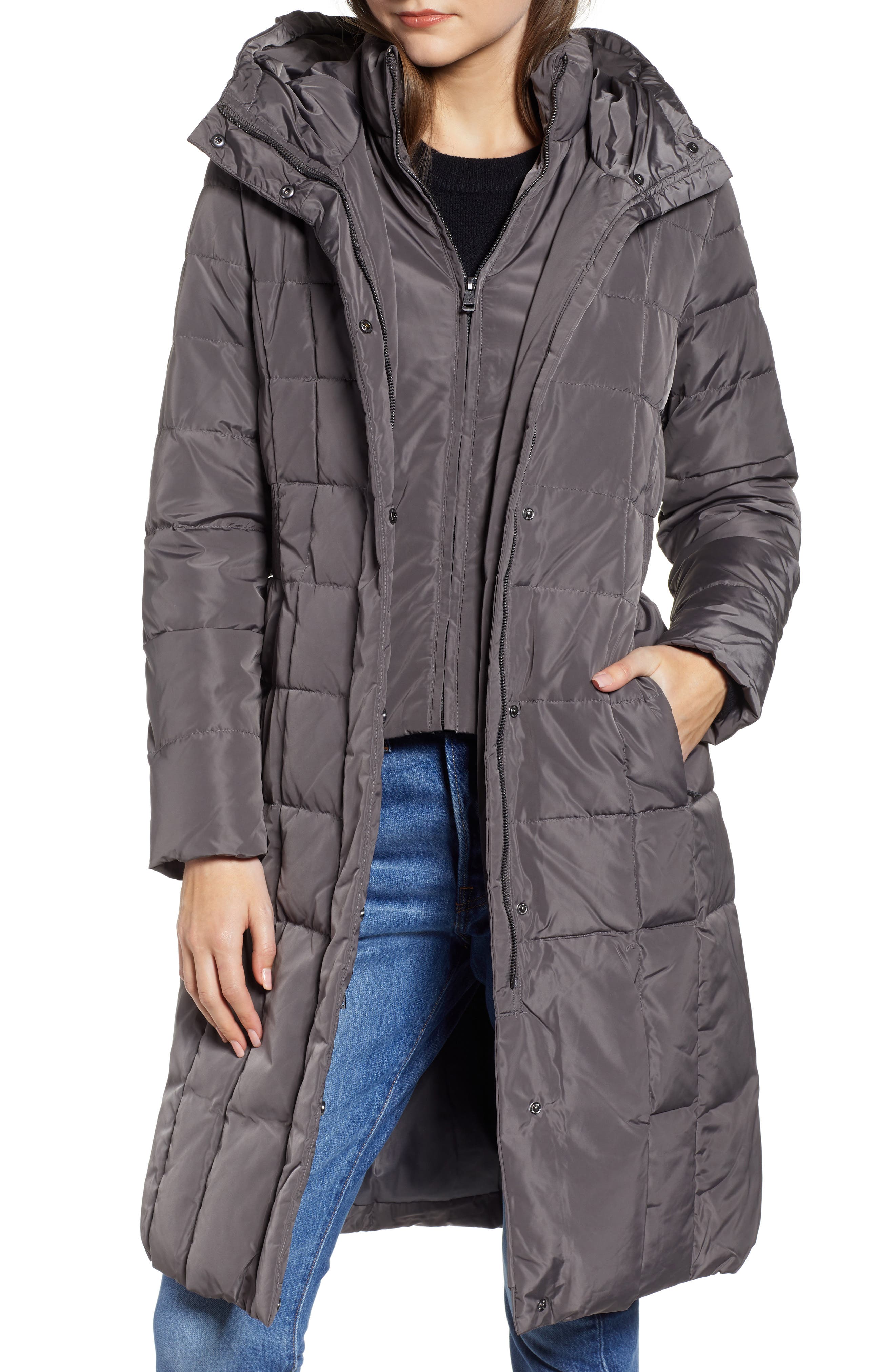 Petite Cole Haan Bib Insert Down & Feather Fill Coat, Grey