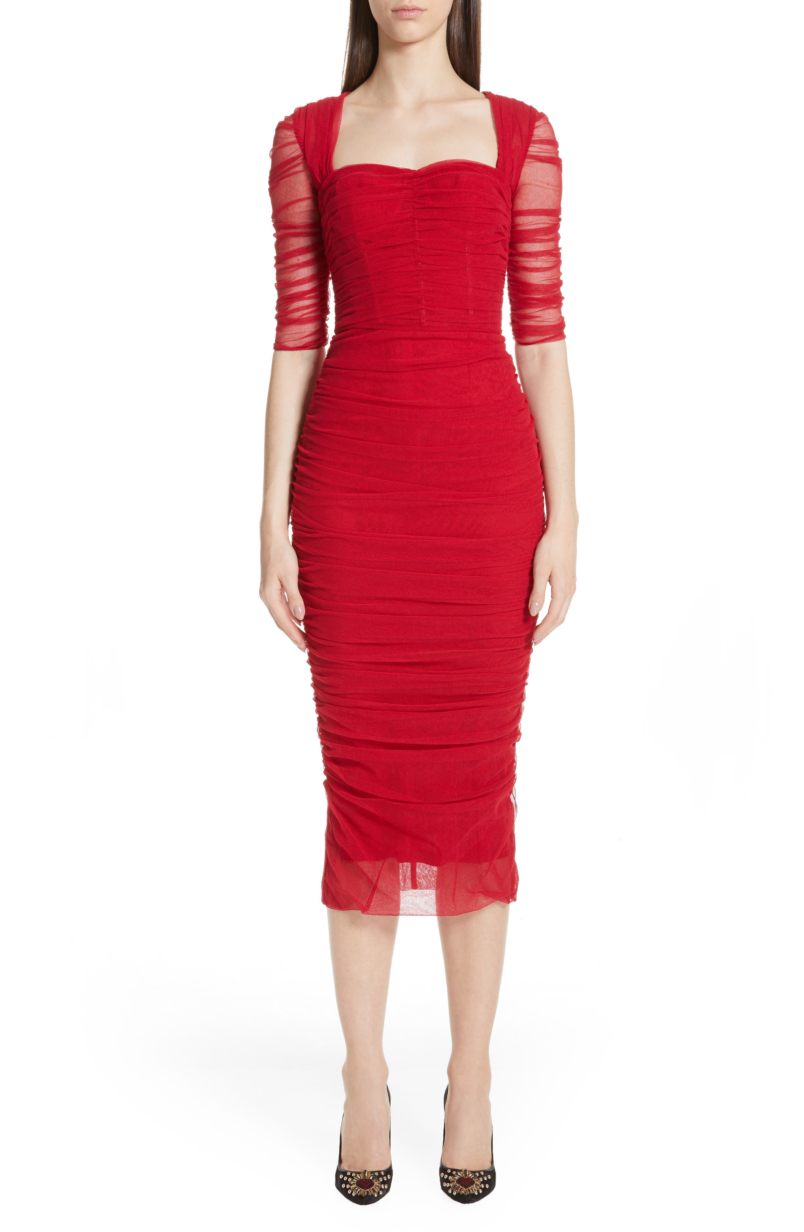 Dolce & gabbana Ruched Tulle Body-Con Dress, 8 IT - Red
