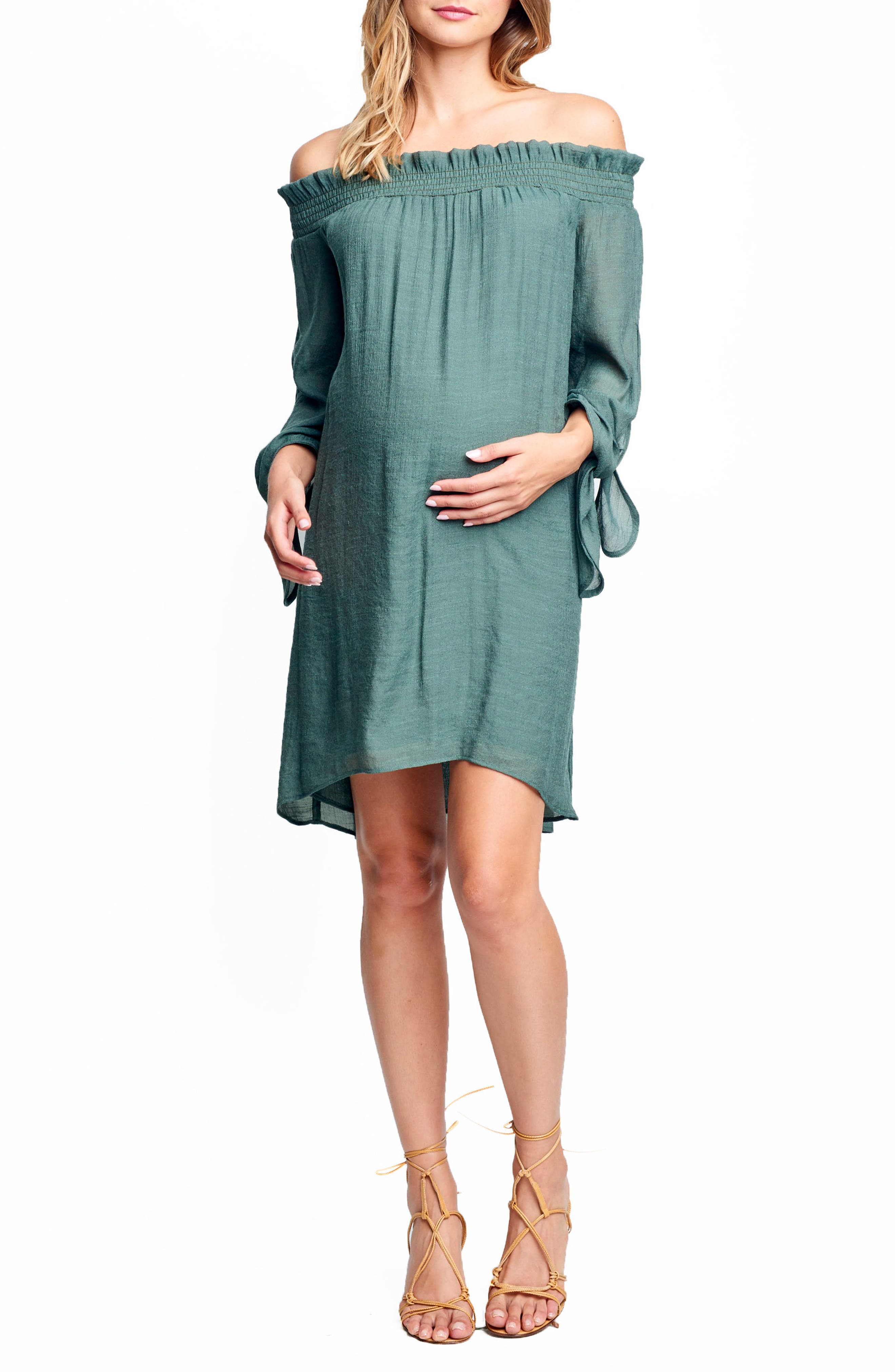 Maternal America Juliet Off The Shoulder Maternity Dress, Green