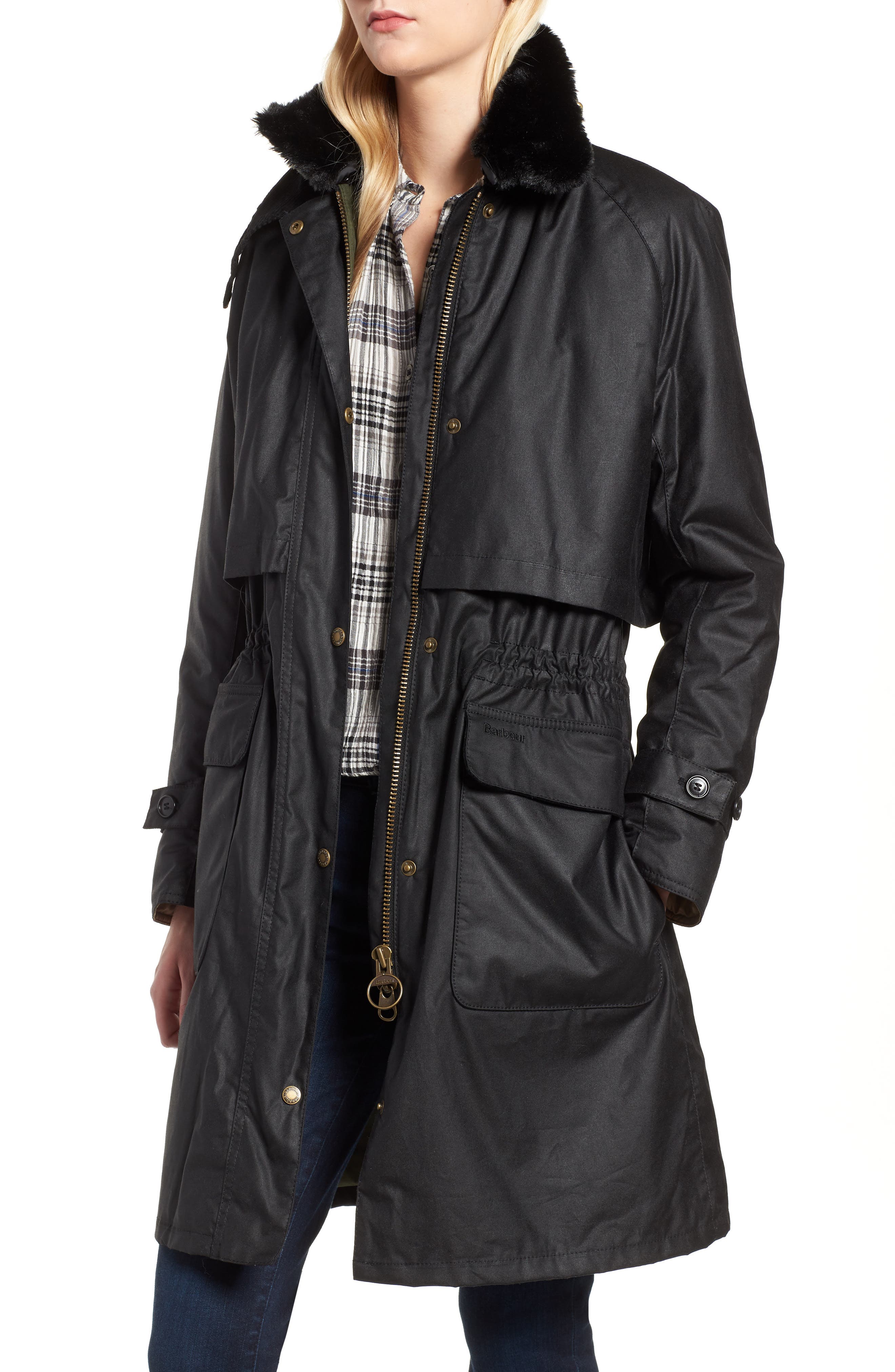 Barbour Floree Waxed Cotton Canvas Jacket With Faux Fur Collar, US / 8 UK - Black