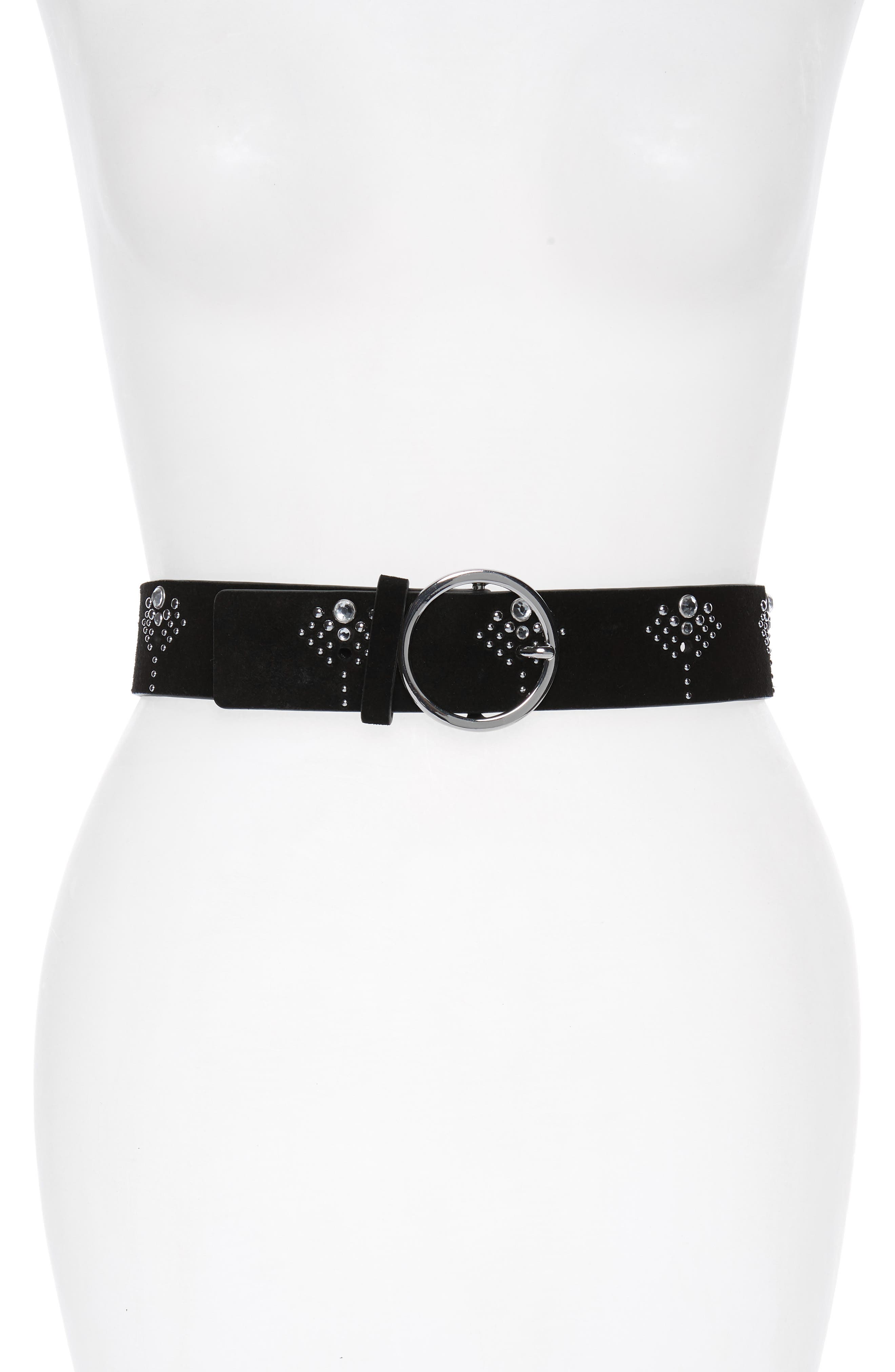 Rebecca Minkoff Crystal & Stud Leather Belt, Suede Black / Pol Nickel