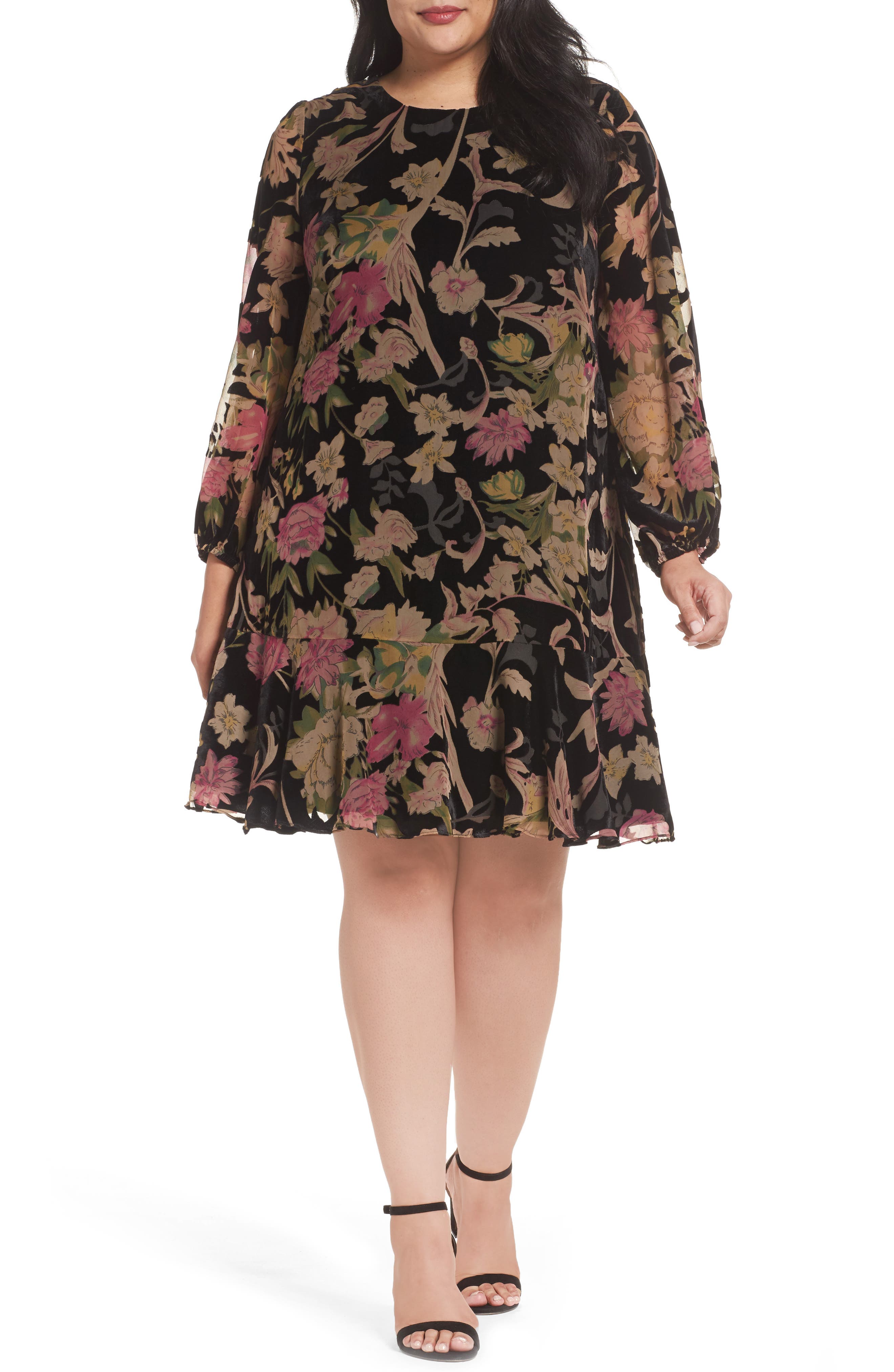 Plus Size Eliza J Floral Burnout Velvet Shift Dress, Black
