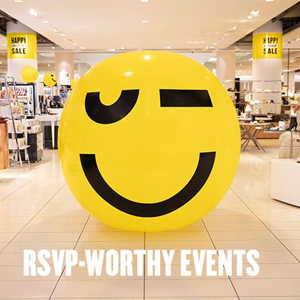 RSVP-worthy events. Giant yellow bubble with winking face emoji.