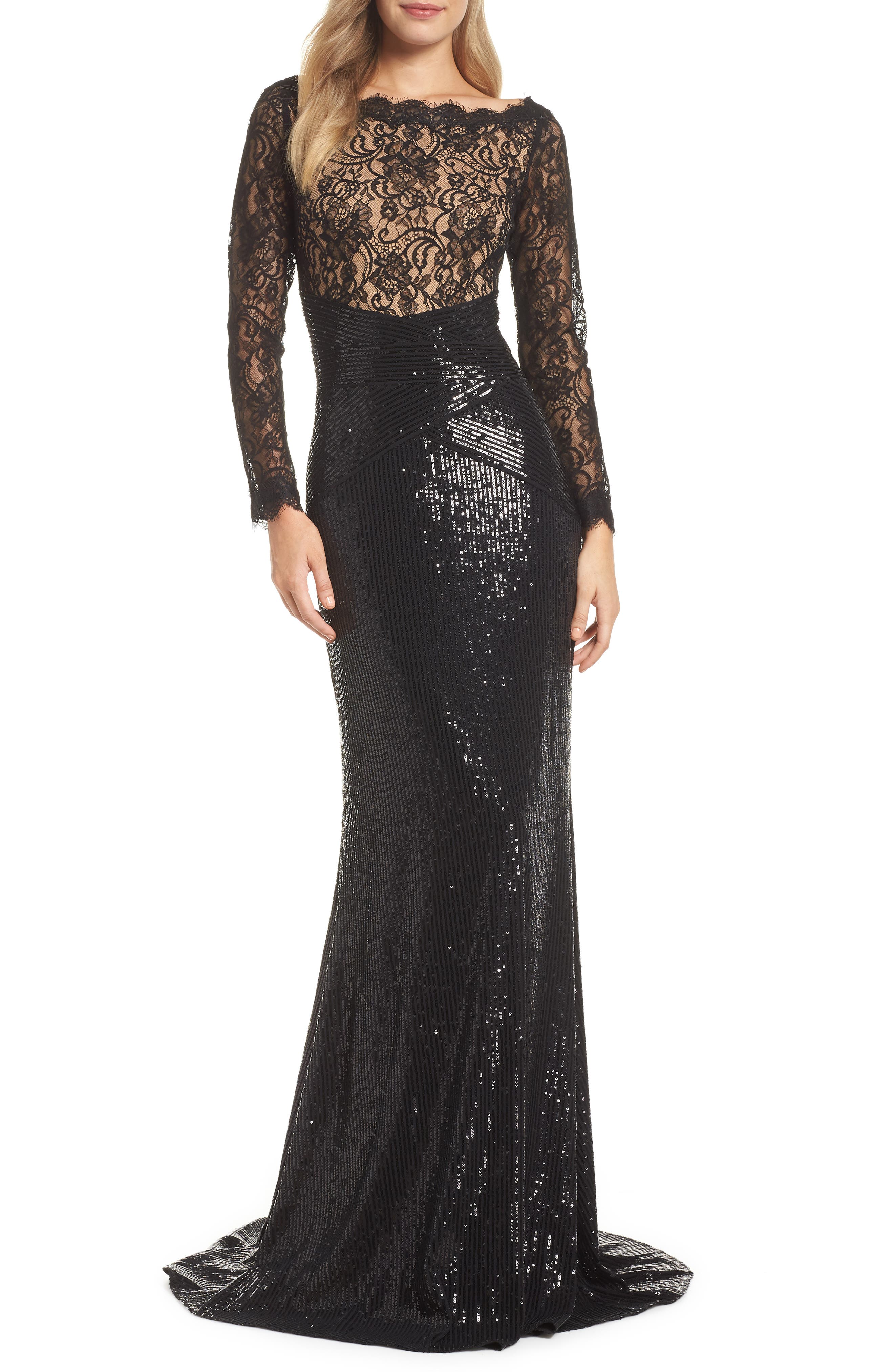 Tadashi Shoji Lace & Sequin Gown, Black