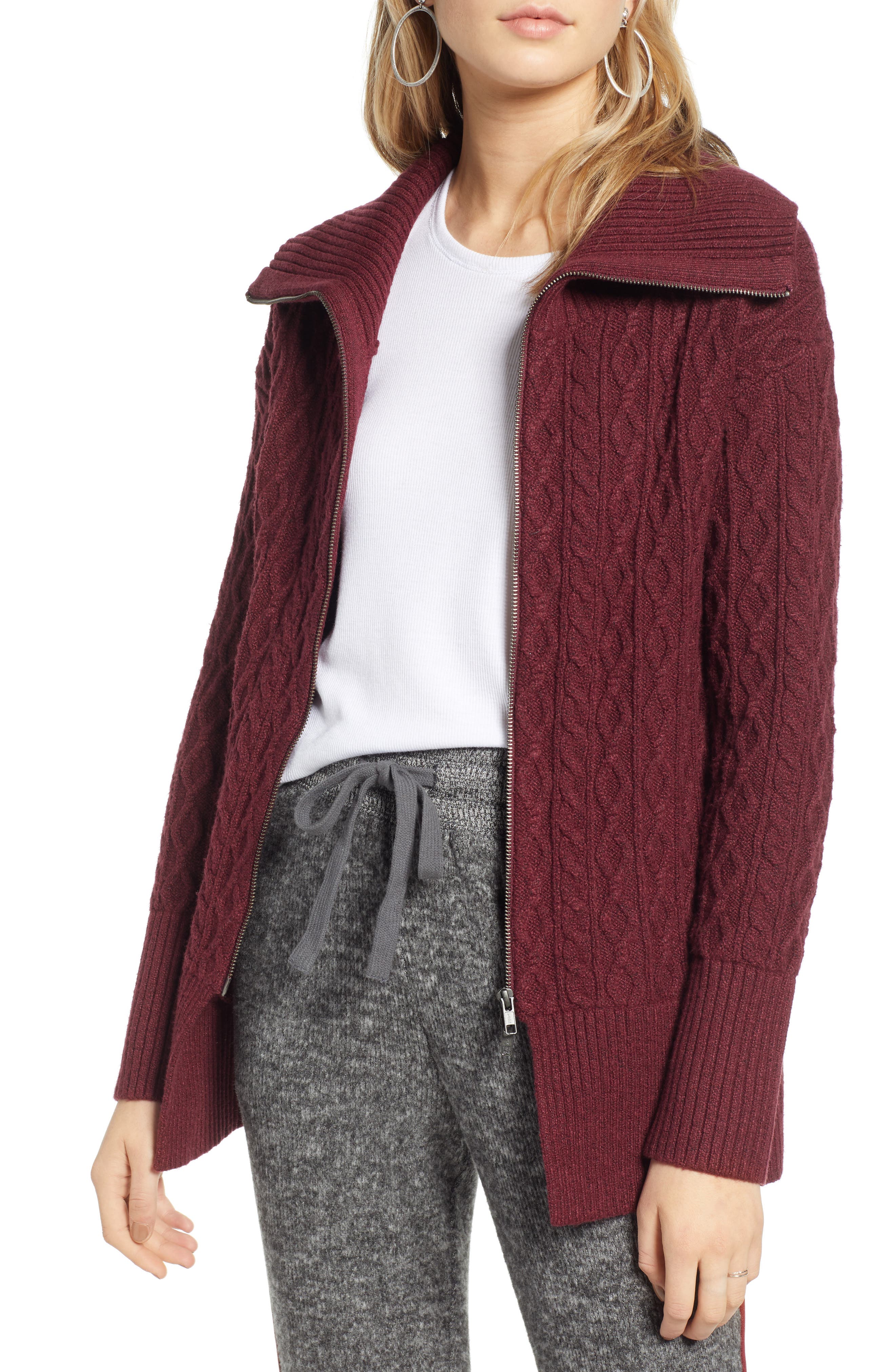 Treasure & Bond Cable Knit Zip Cardigan, Red