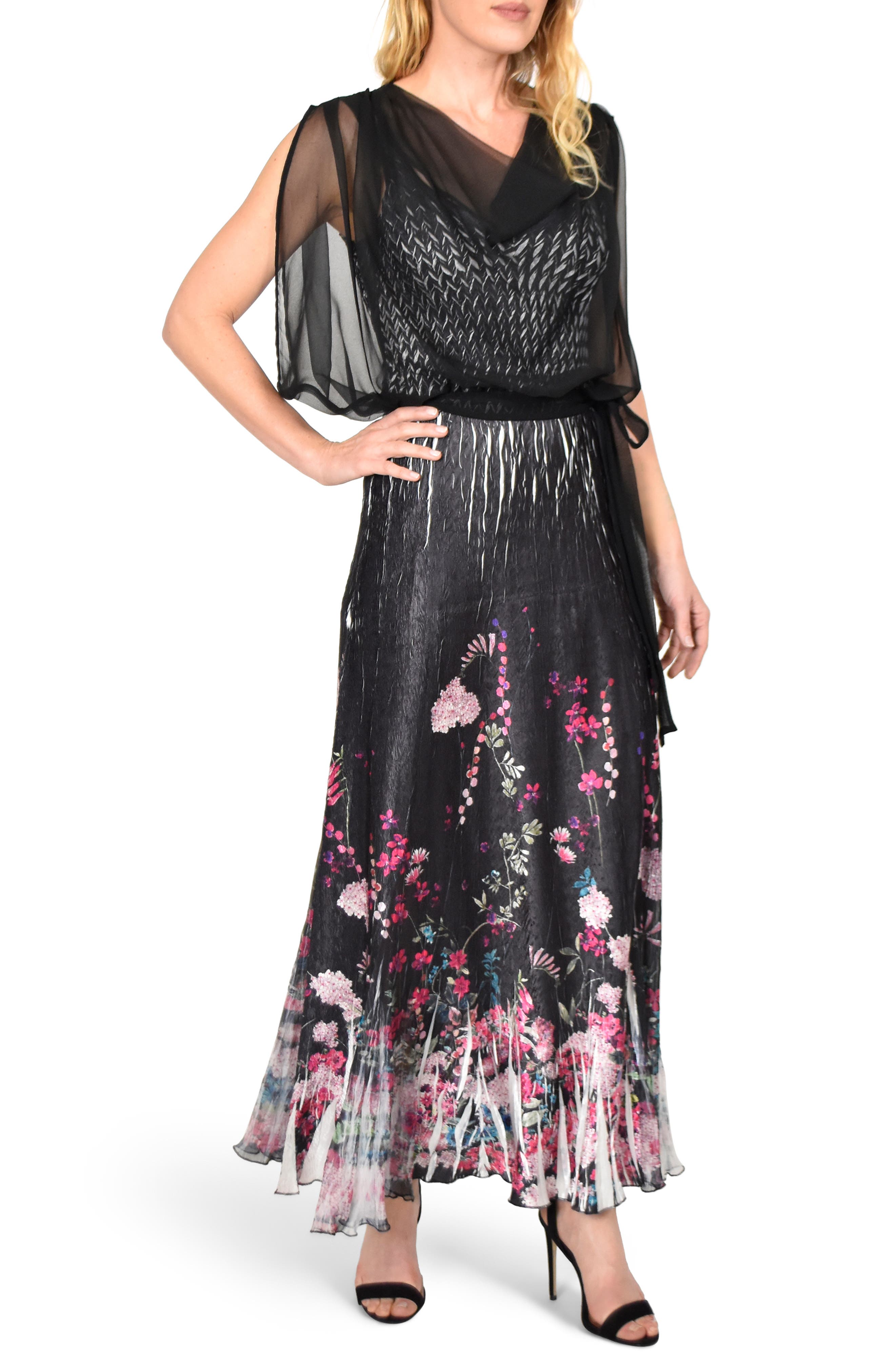 Komarov Chiffon Popover Charmeuse Gown, Black