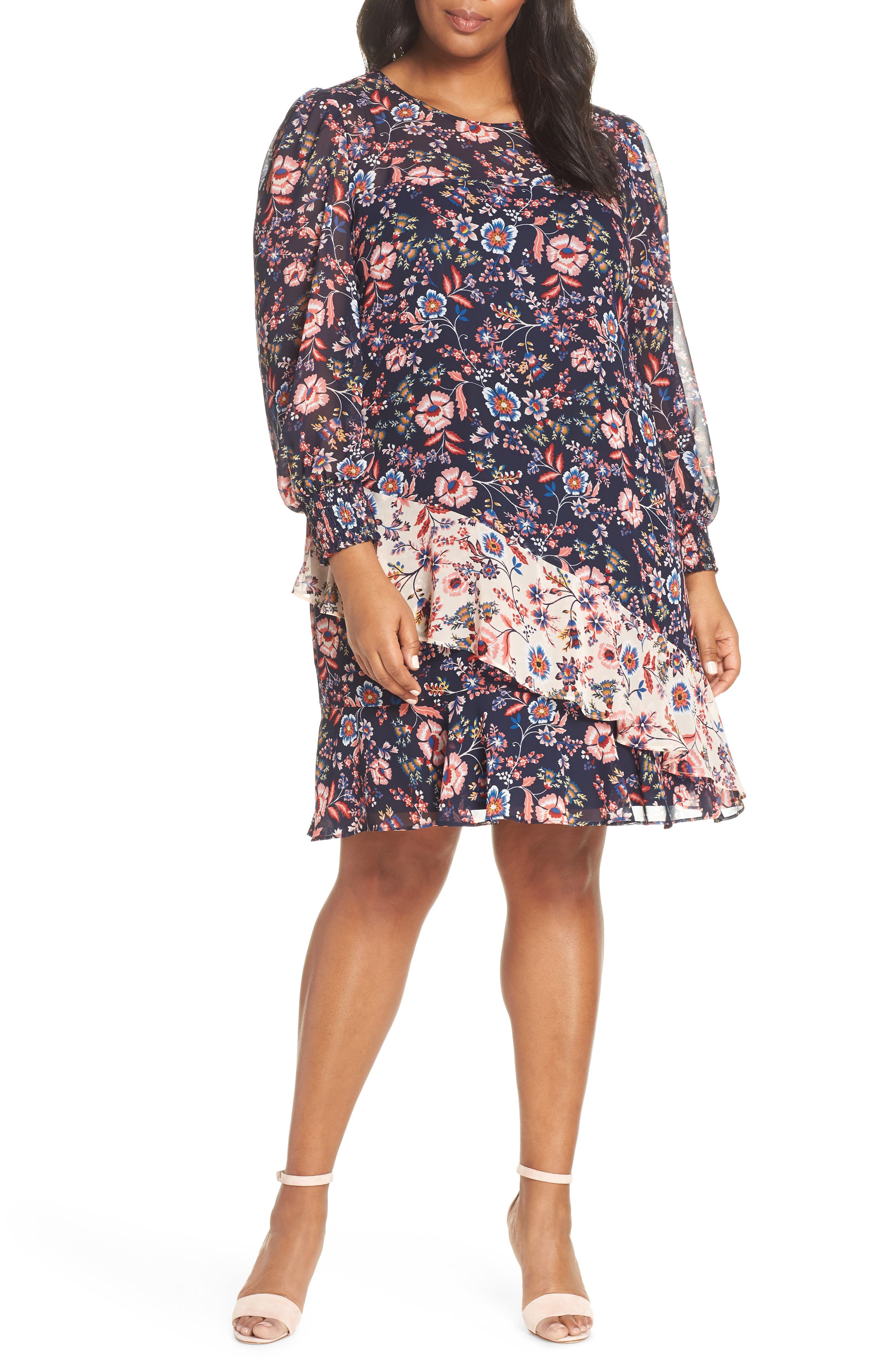 Plus Size Eliza J Floral Print Contrast Ruffle Detail Dress, Blue