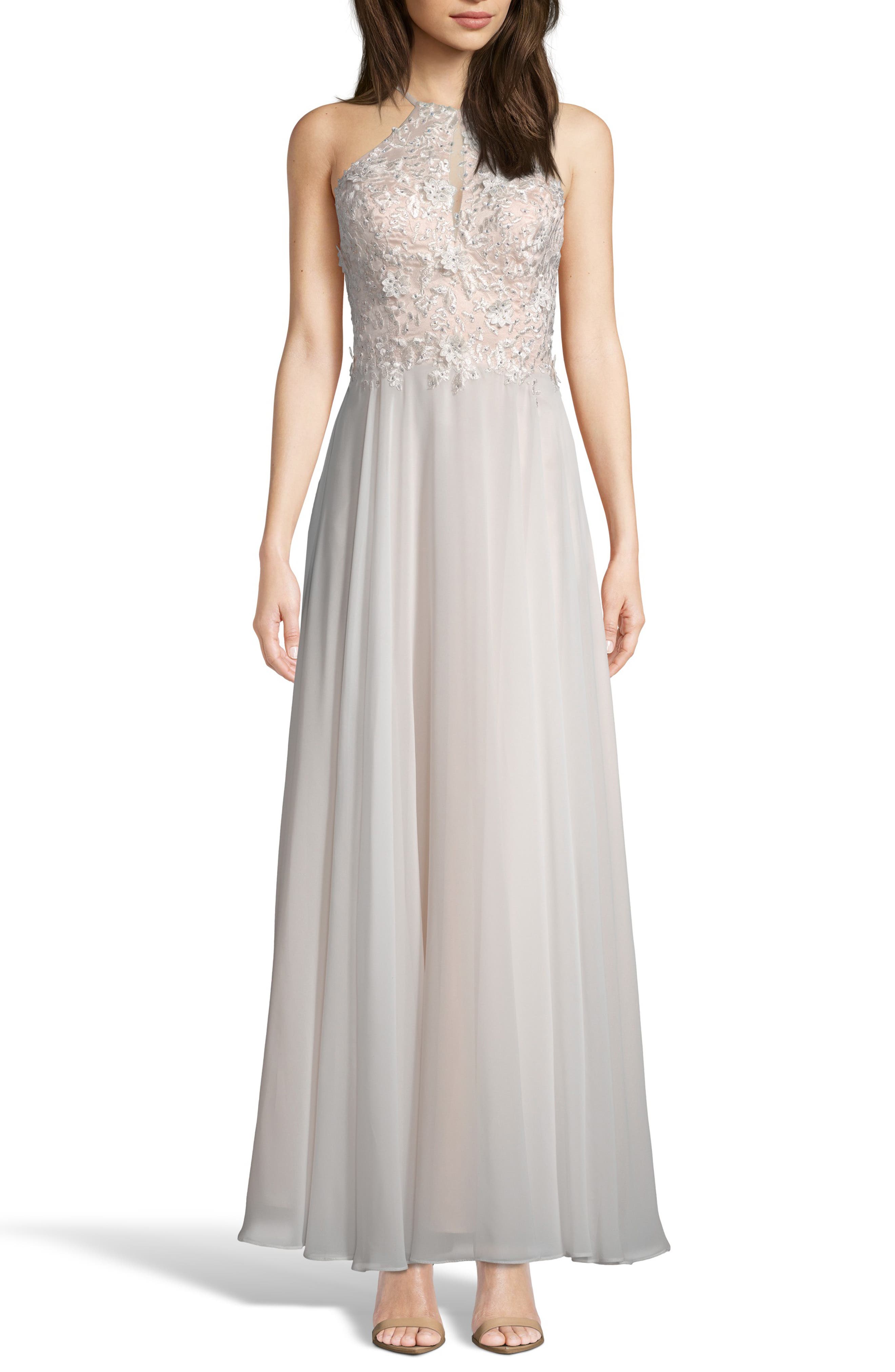 Xscape Beaded 3D Floral Lace Chiffon Evening Dress, Pink