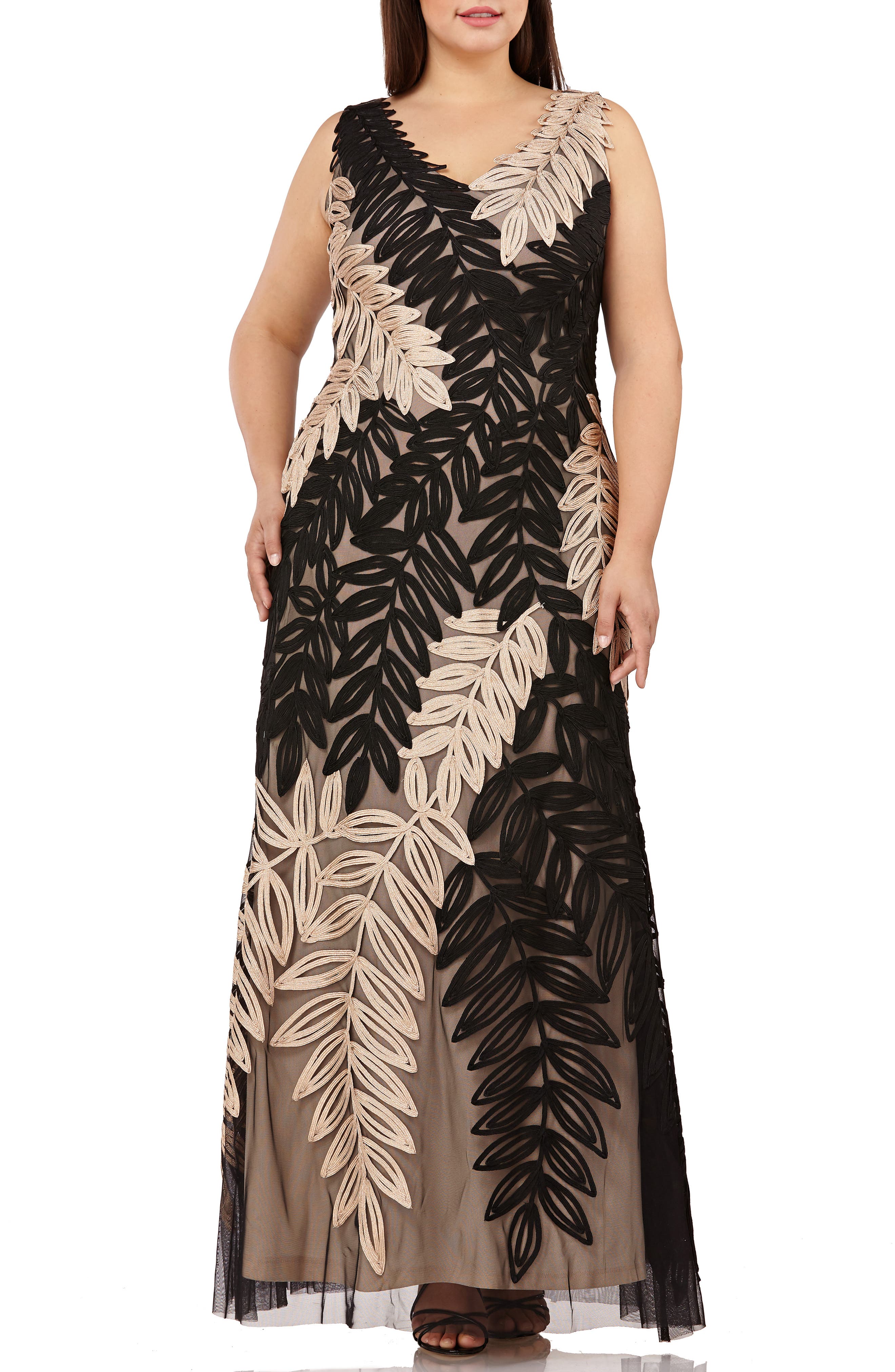 Plus Size Js Collections Two-Tone Embroidered Leaf Gown, Black
