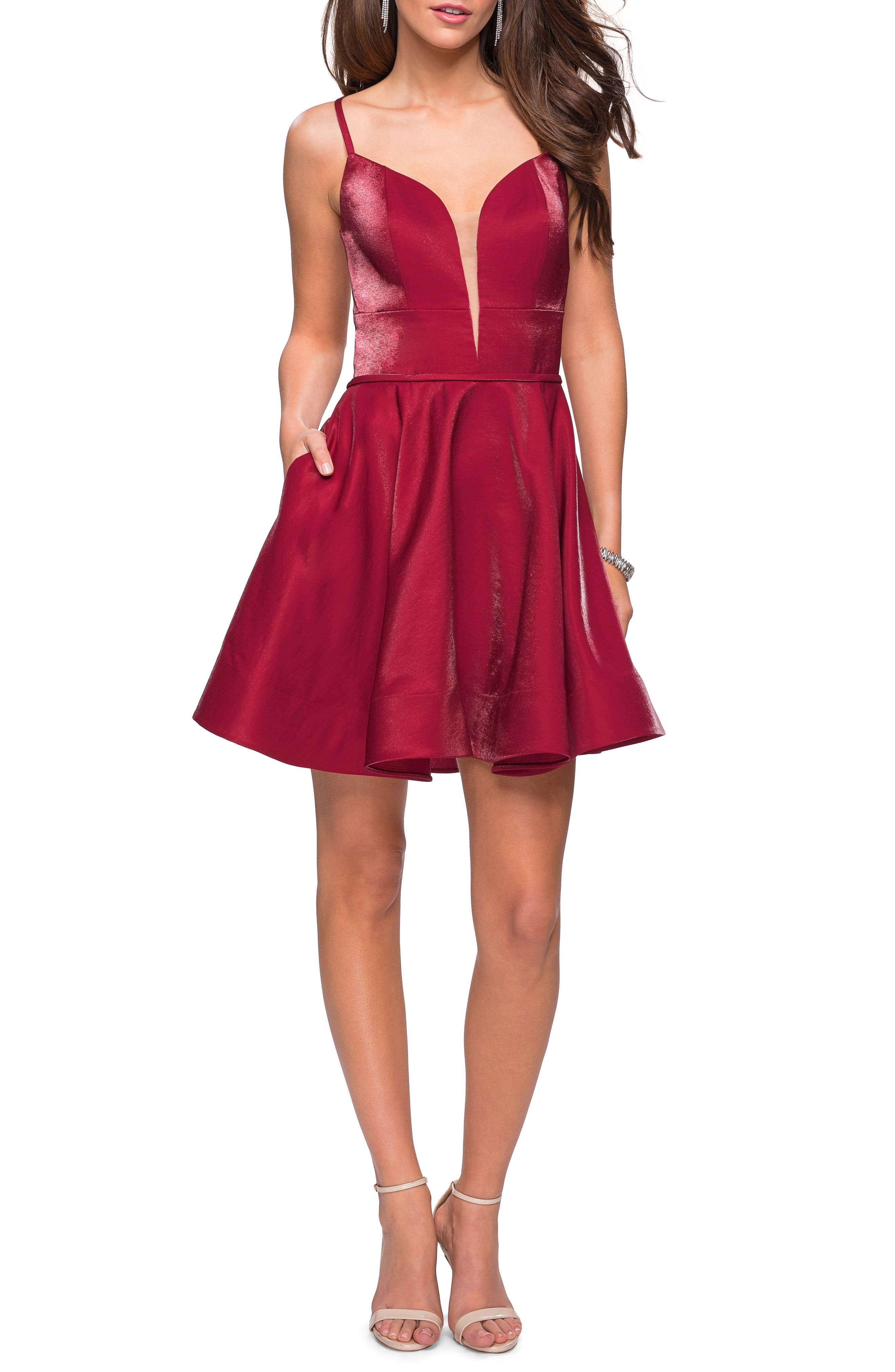 La Femme Satin Fit & Flare Dress, Red