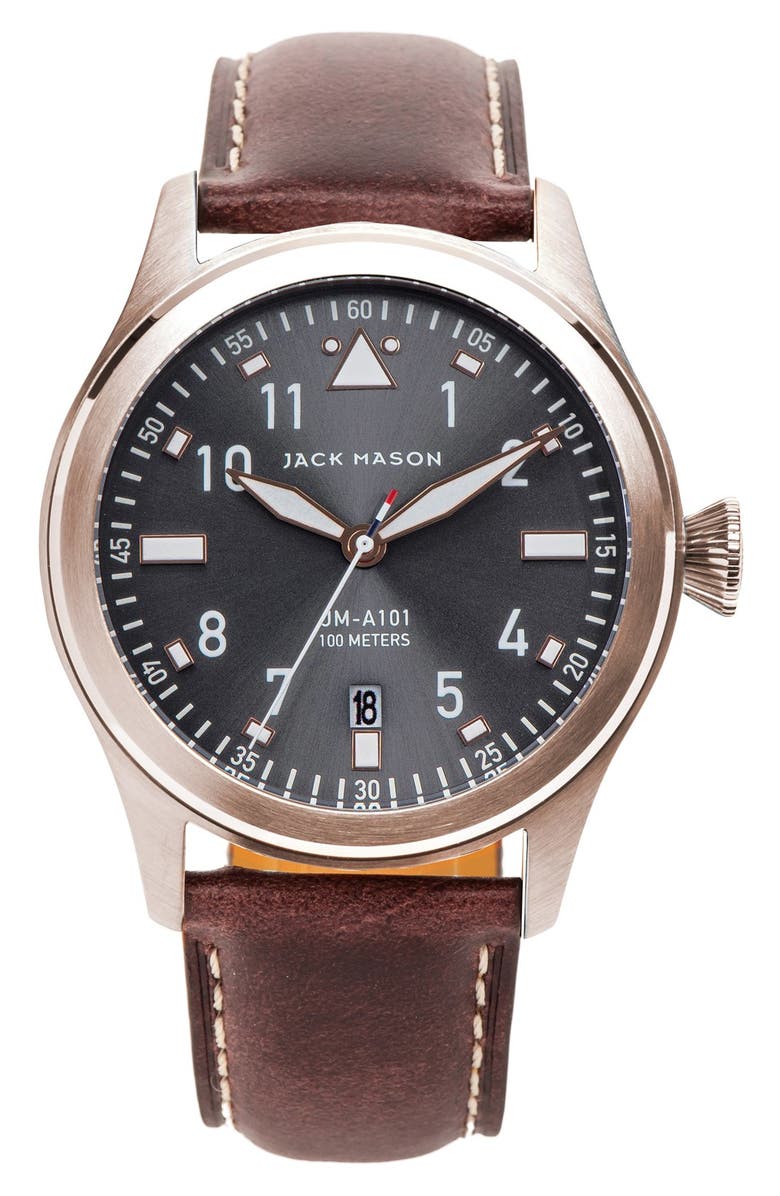 Jack Mason Aviator Leather Strap Watch, 42mm | Nordstrom