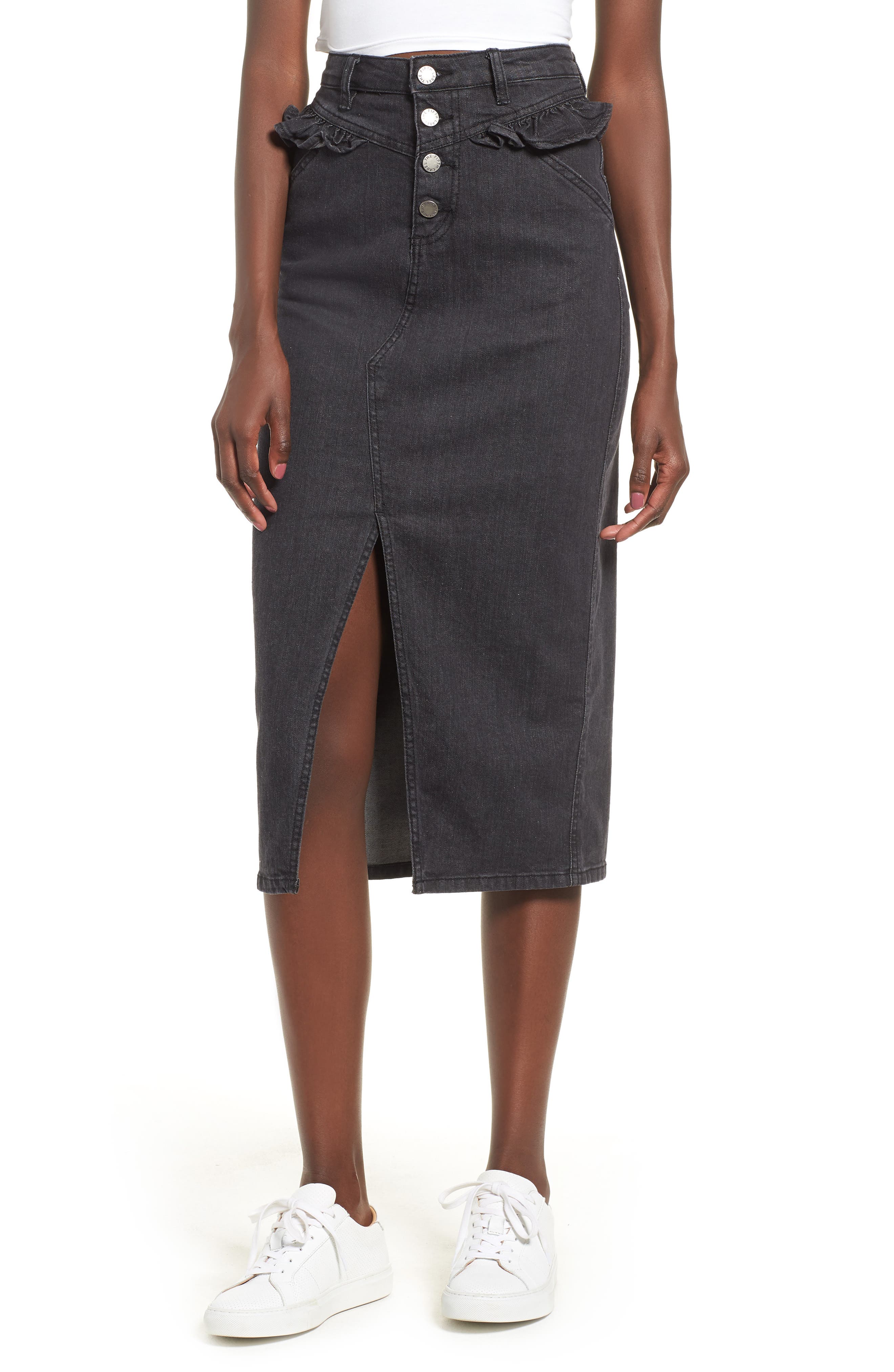 The Fifth Label Subject Ruffle Waist Denim Midi Skirt, Black