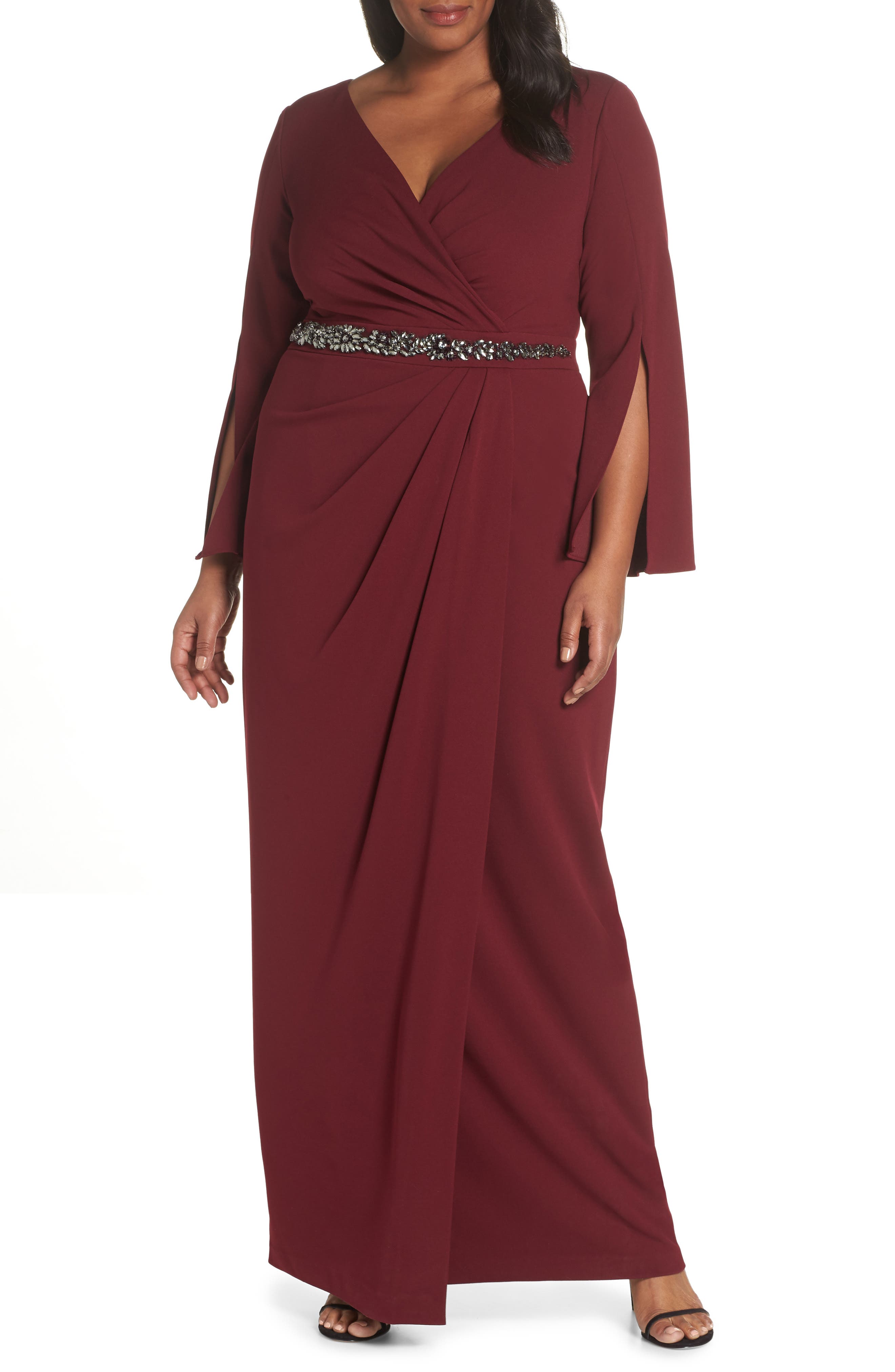 Plus Size Adrianna Papell Beaded Waist Faux Wrap Gown, Red