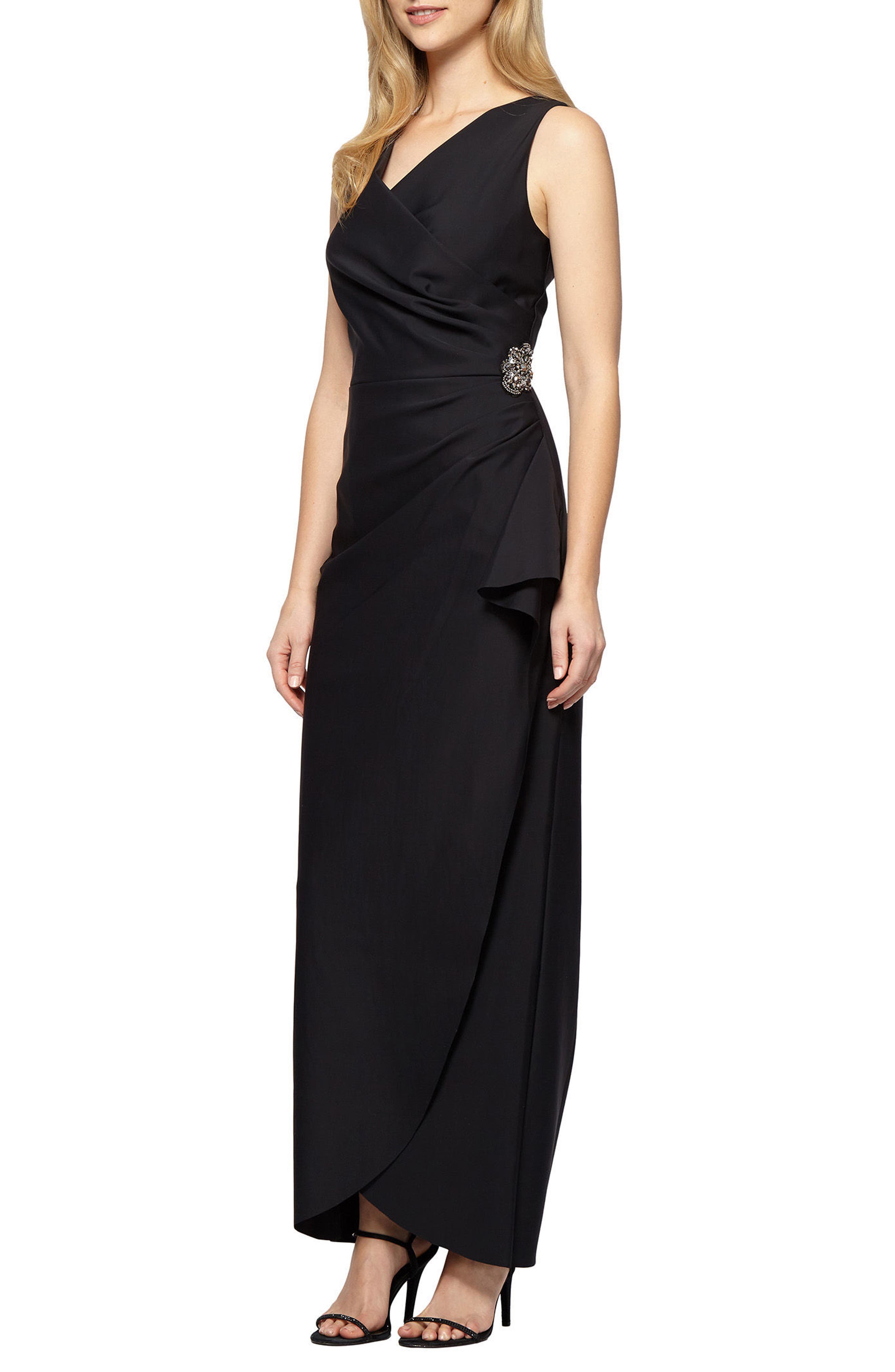Alex Evenings Embellished Side Drape Column Gown, Black