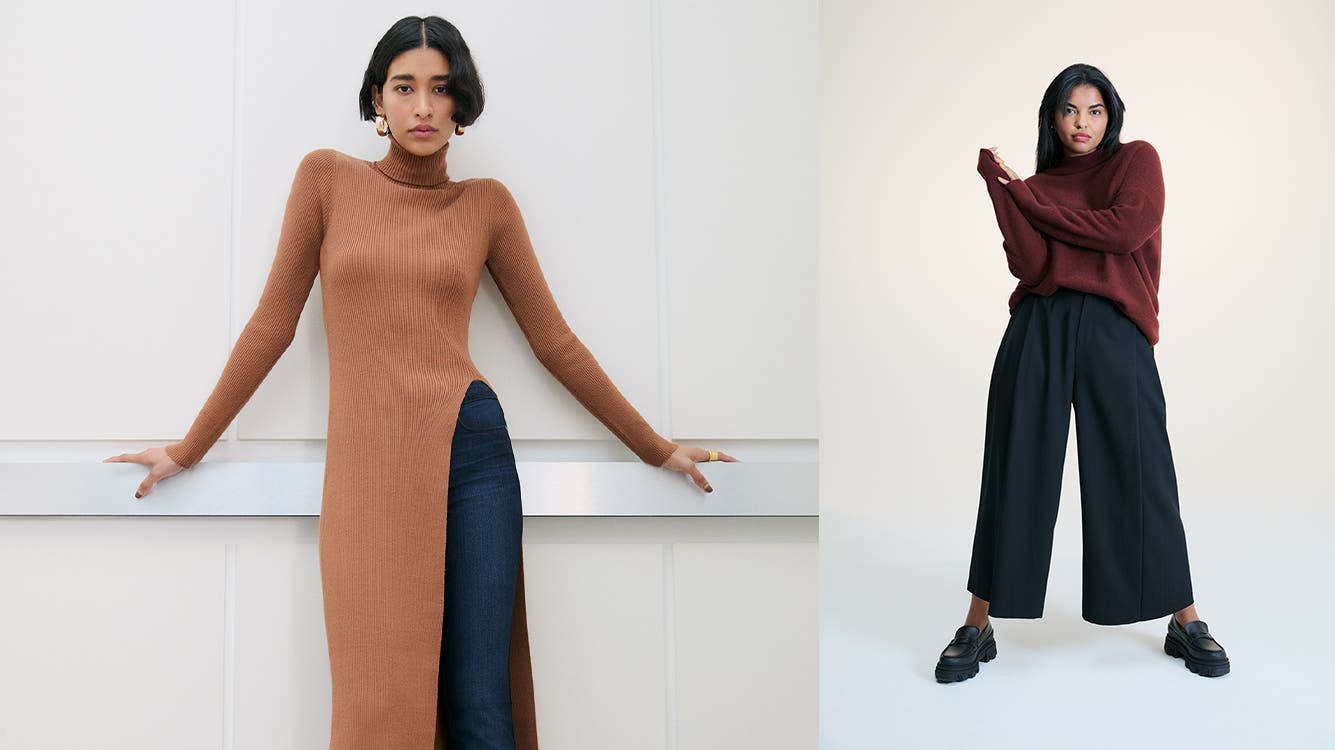A woman wearing a brown turtleneck dress with a high slit. A woman wearing a burgundy sweater with black pants and loafers.