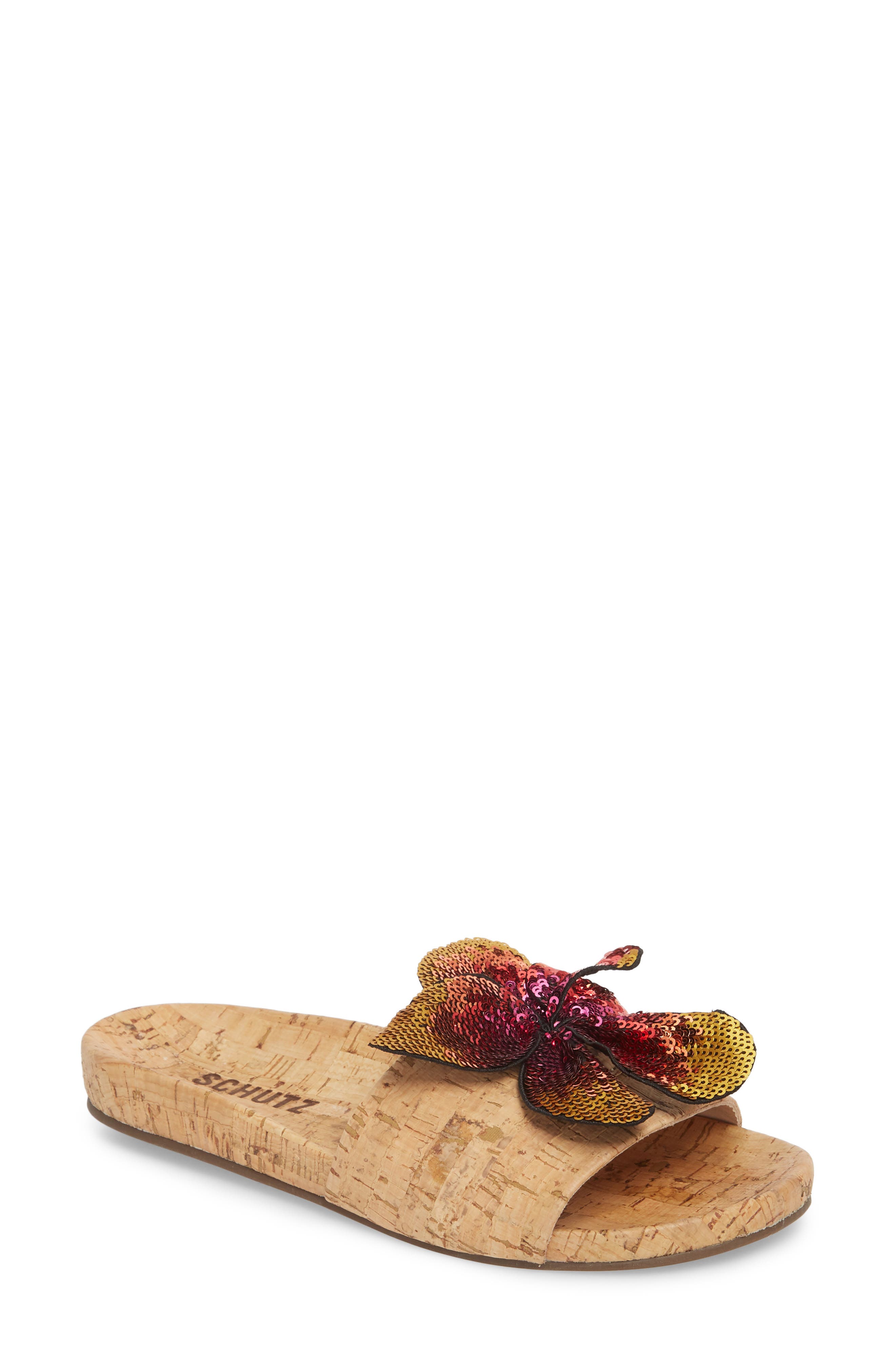 Schutz Geisa Sequin Flower Slide Sandal, Beige