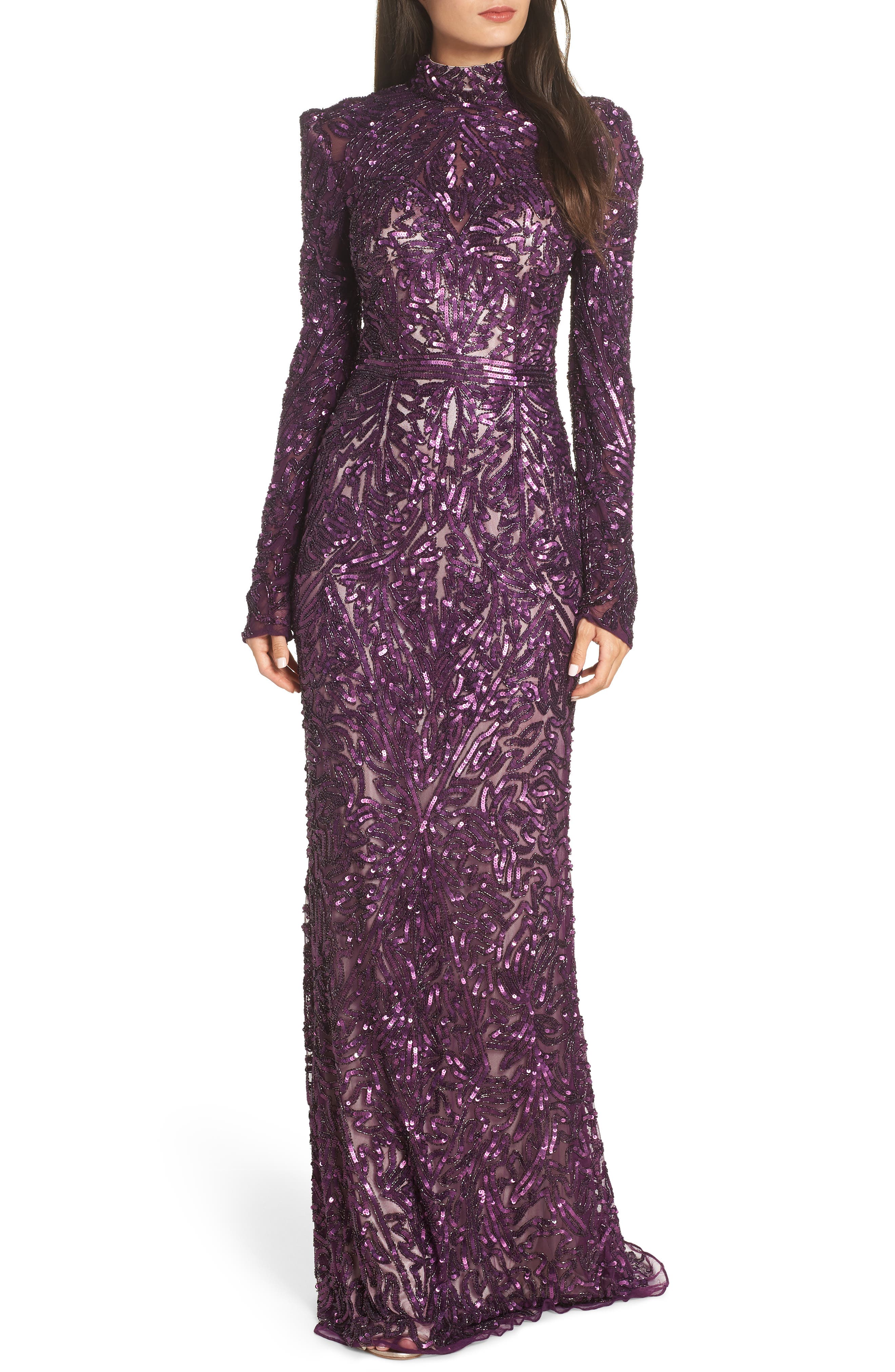MAC Duggal High Neck Sequin Gown With Train
