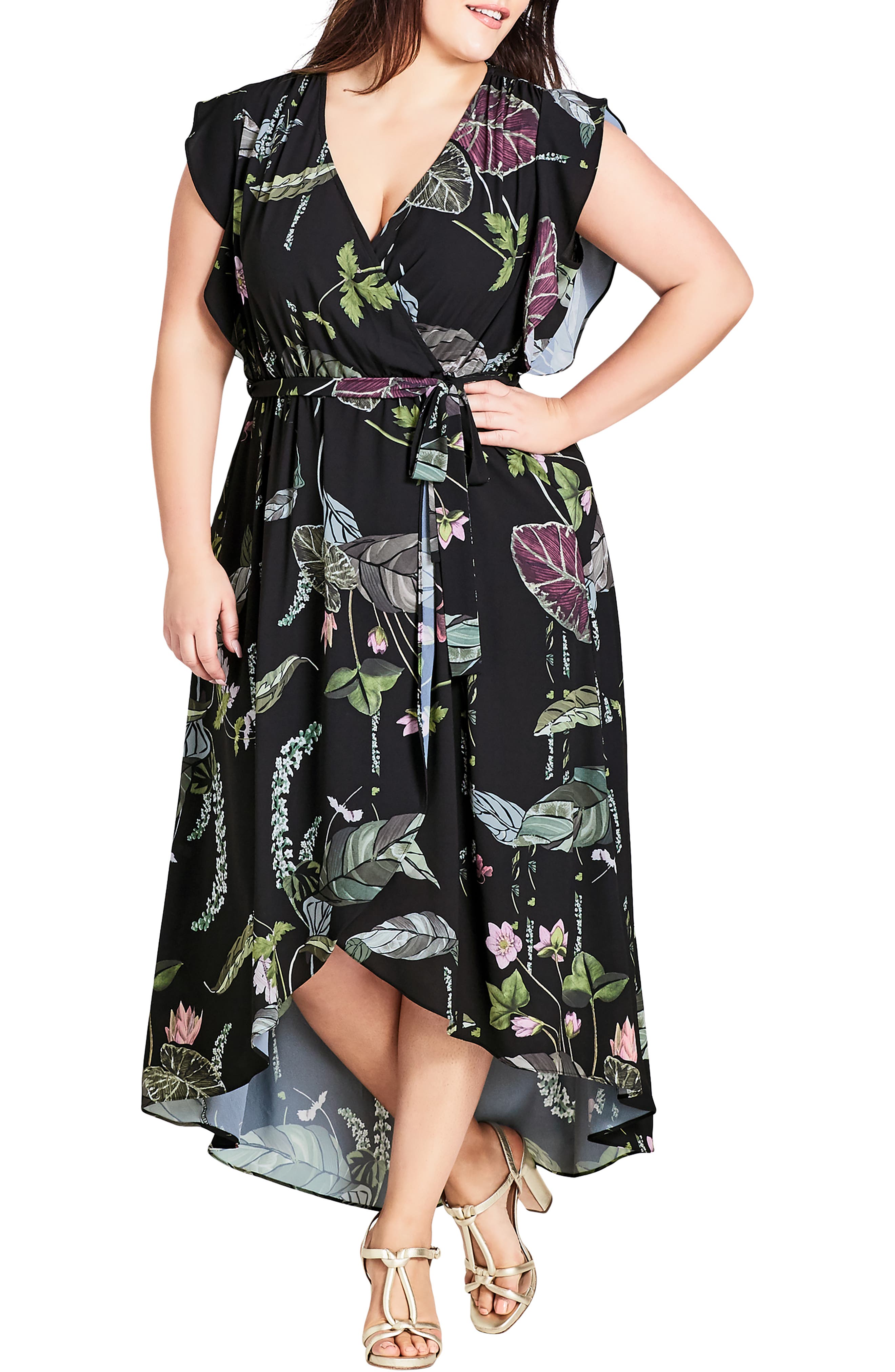 Plus Size City Chic Lily Pad Faux Wrap Maxi Dress, Black
