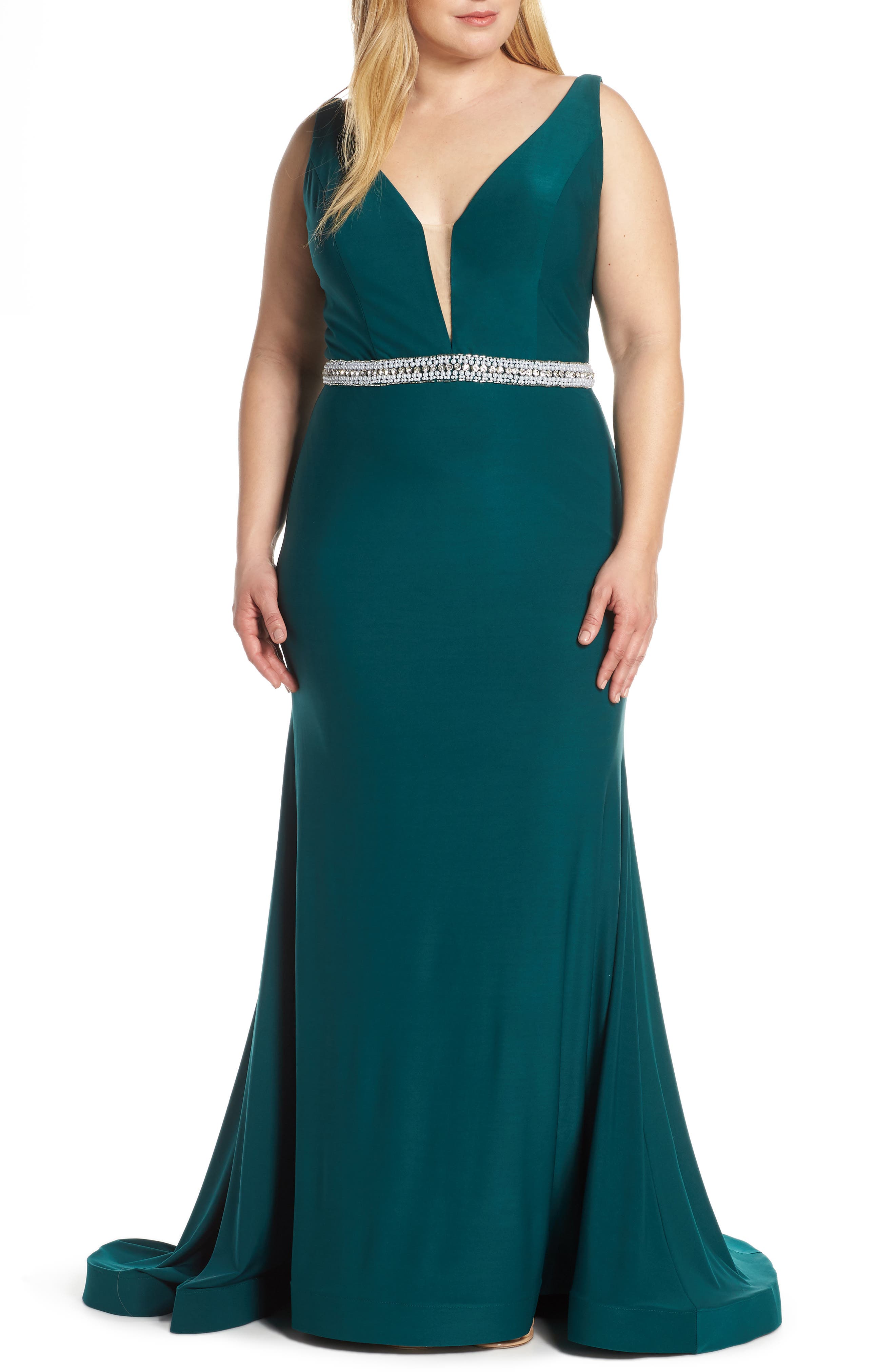 Plus Size MAC Duggal Plunging V-Neck Jeweled Waist Jersey Gown, Green