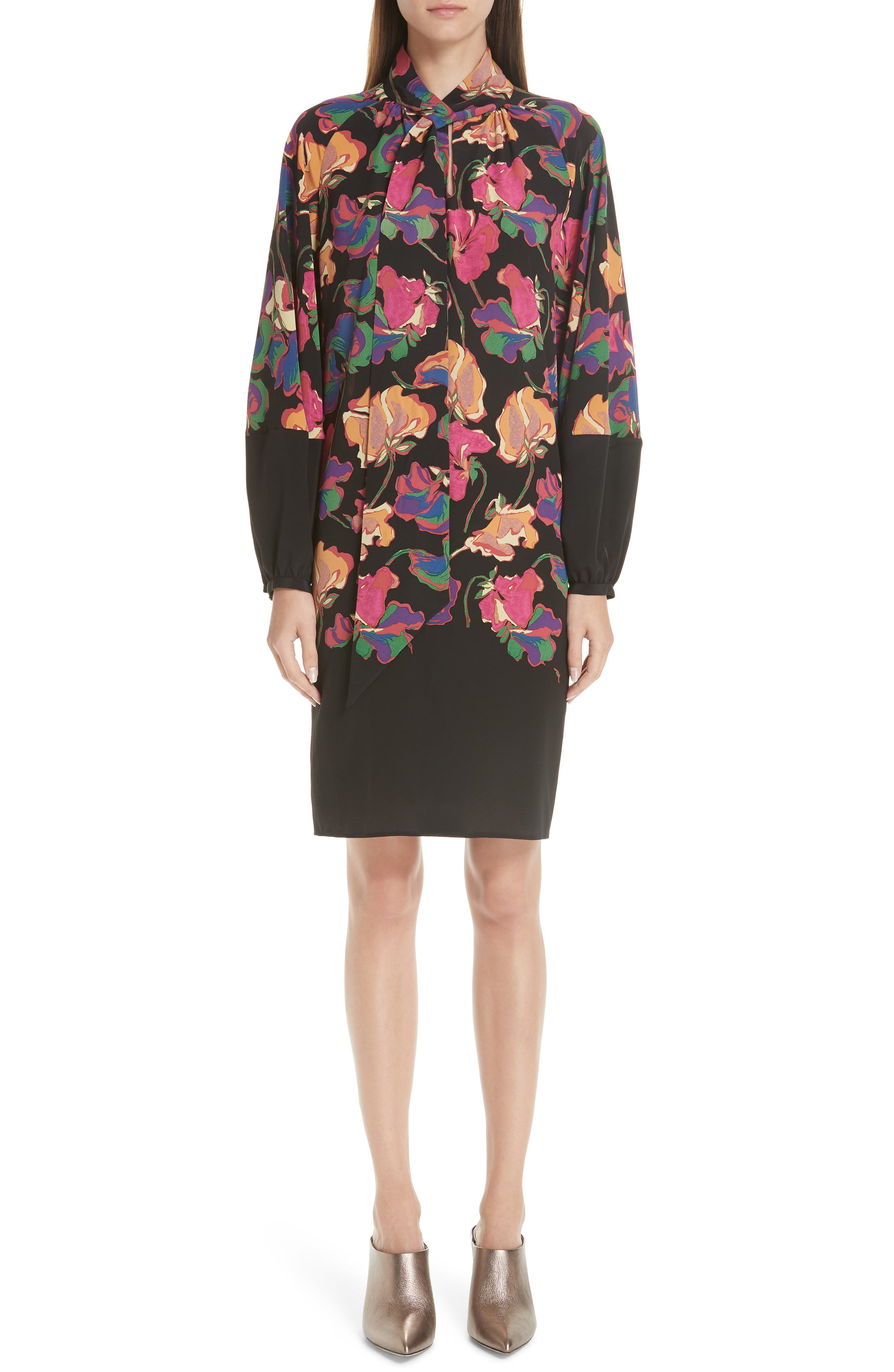 Etro Poppy Print Tie Neck Silk Dress, 8 IT - Black