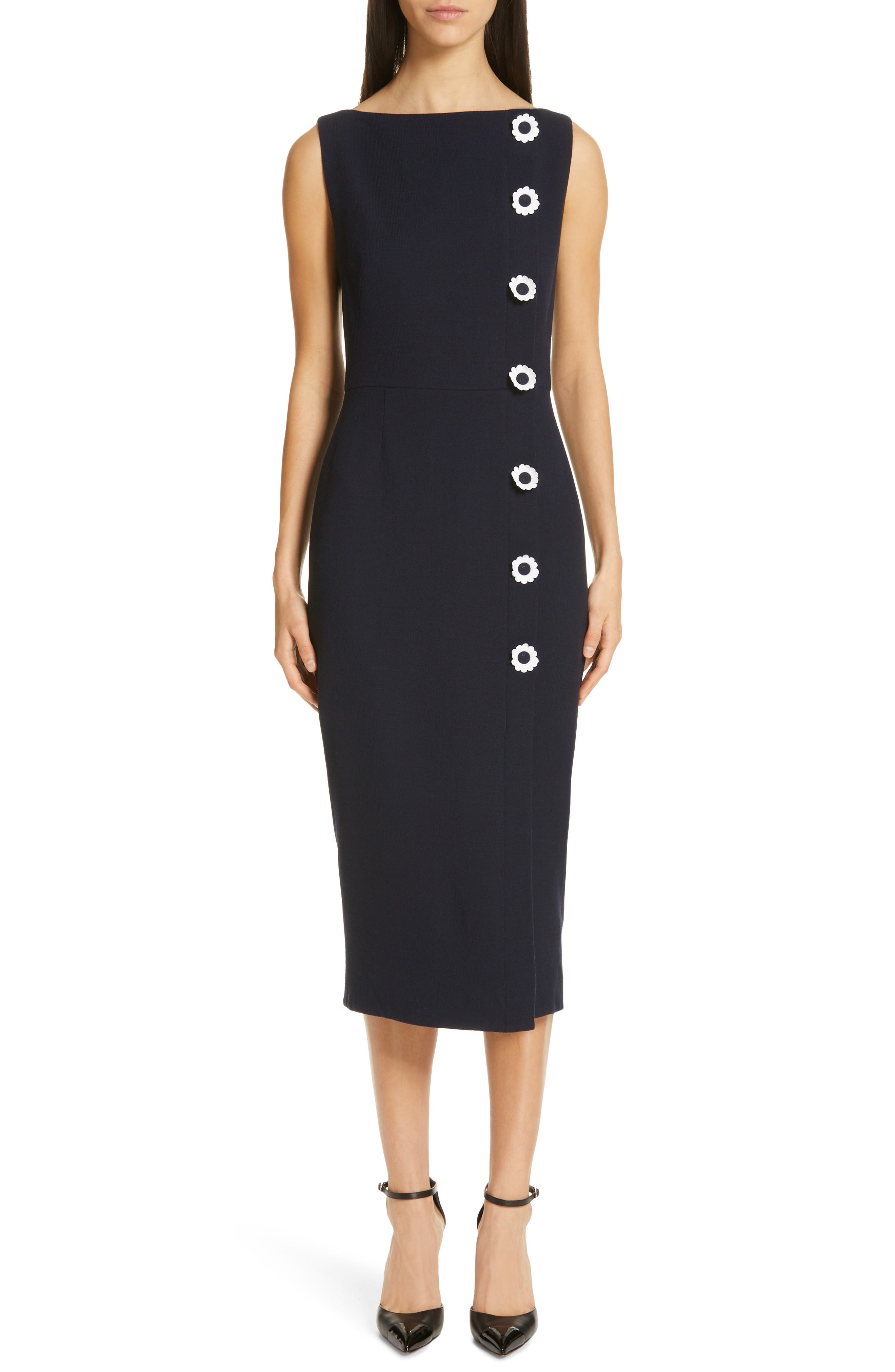 Lela Rose Floral Button Wool Blend Crepe Dress, Blue