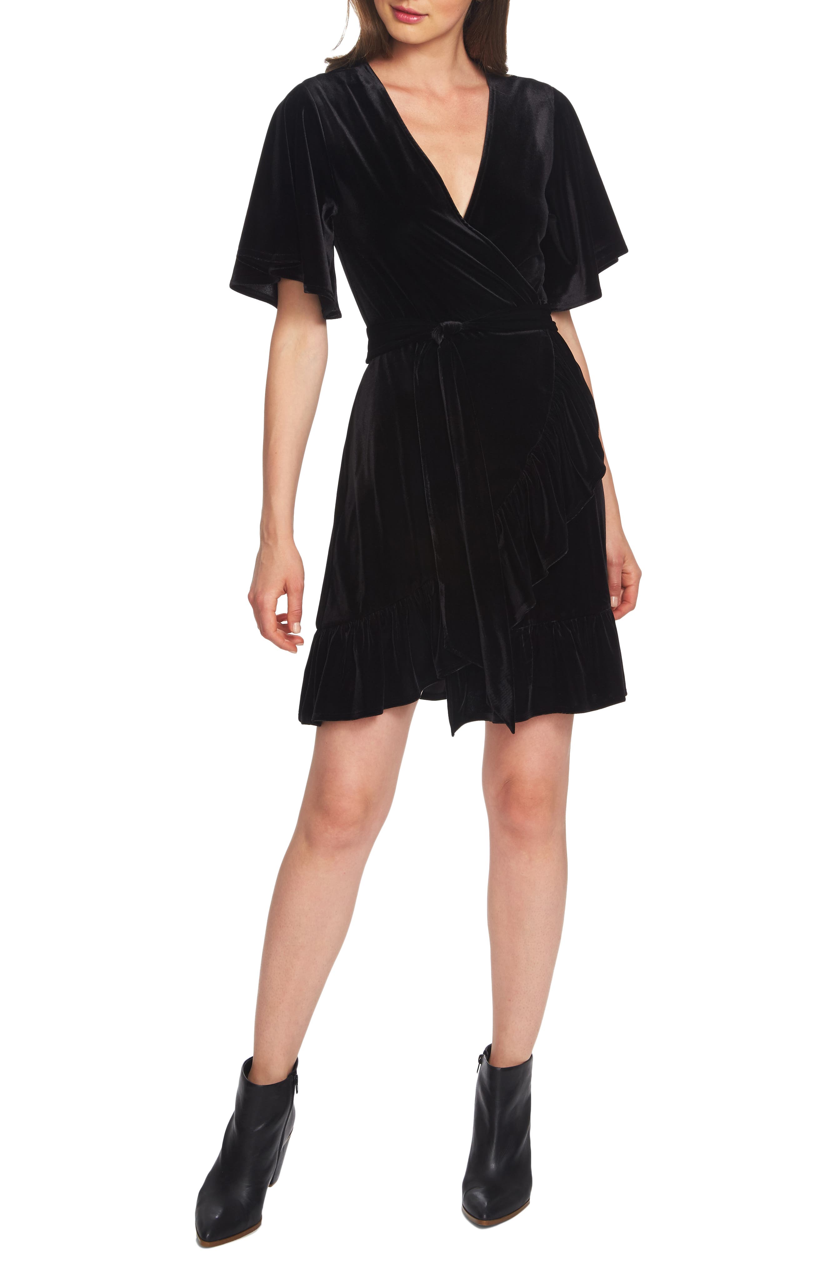 1.state Flutter Sleeve Stretch Velvet Wrap Dress, Black